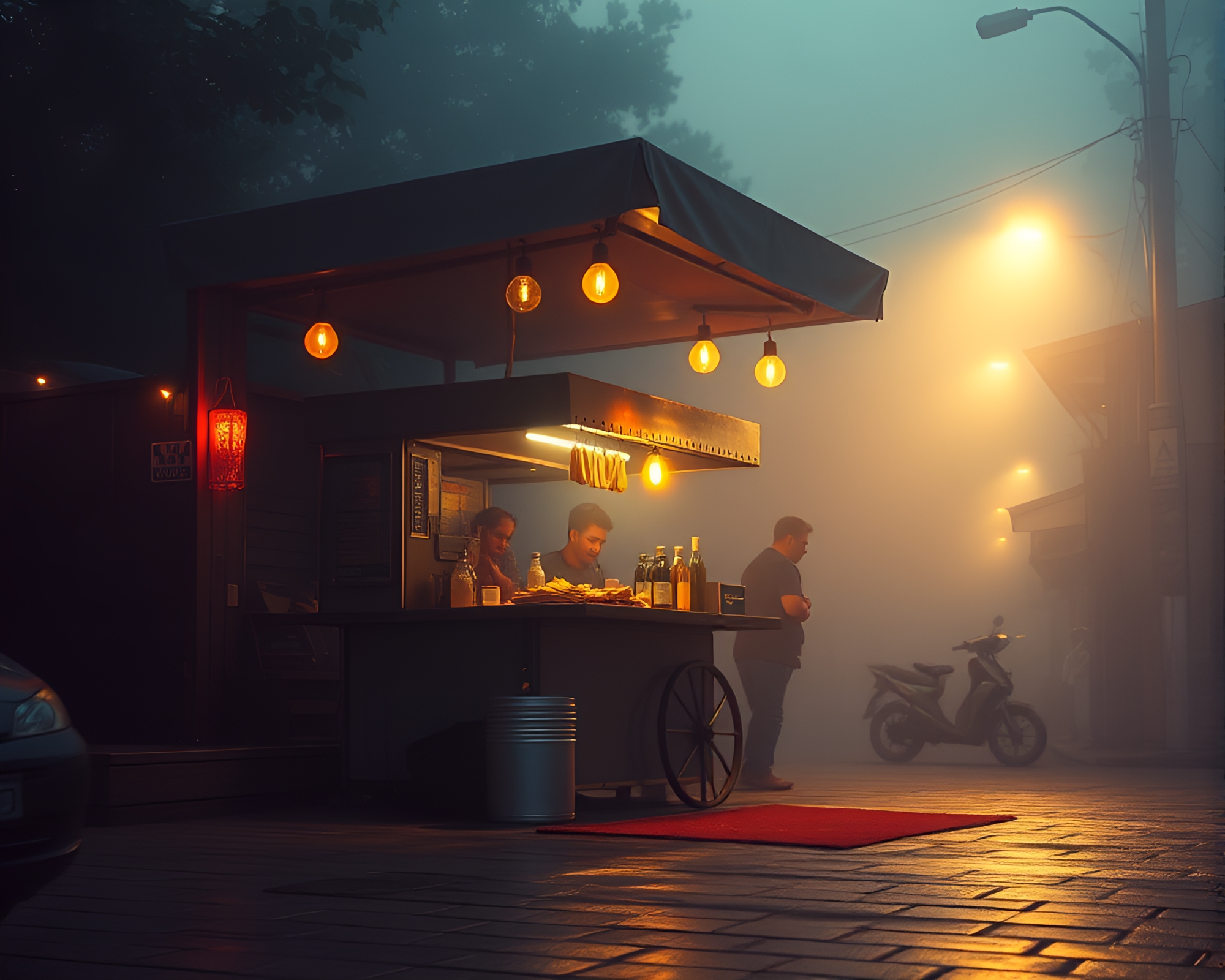 Écorché Study of Taco Stand: Foggy Low-Angle Shot – free AI stock image