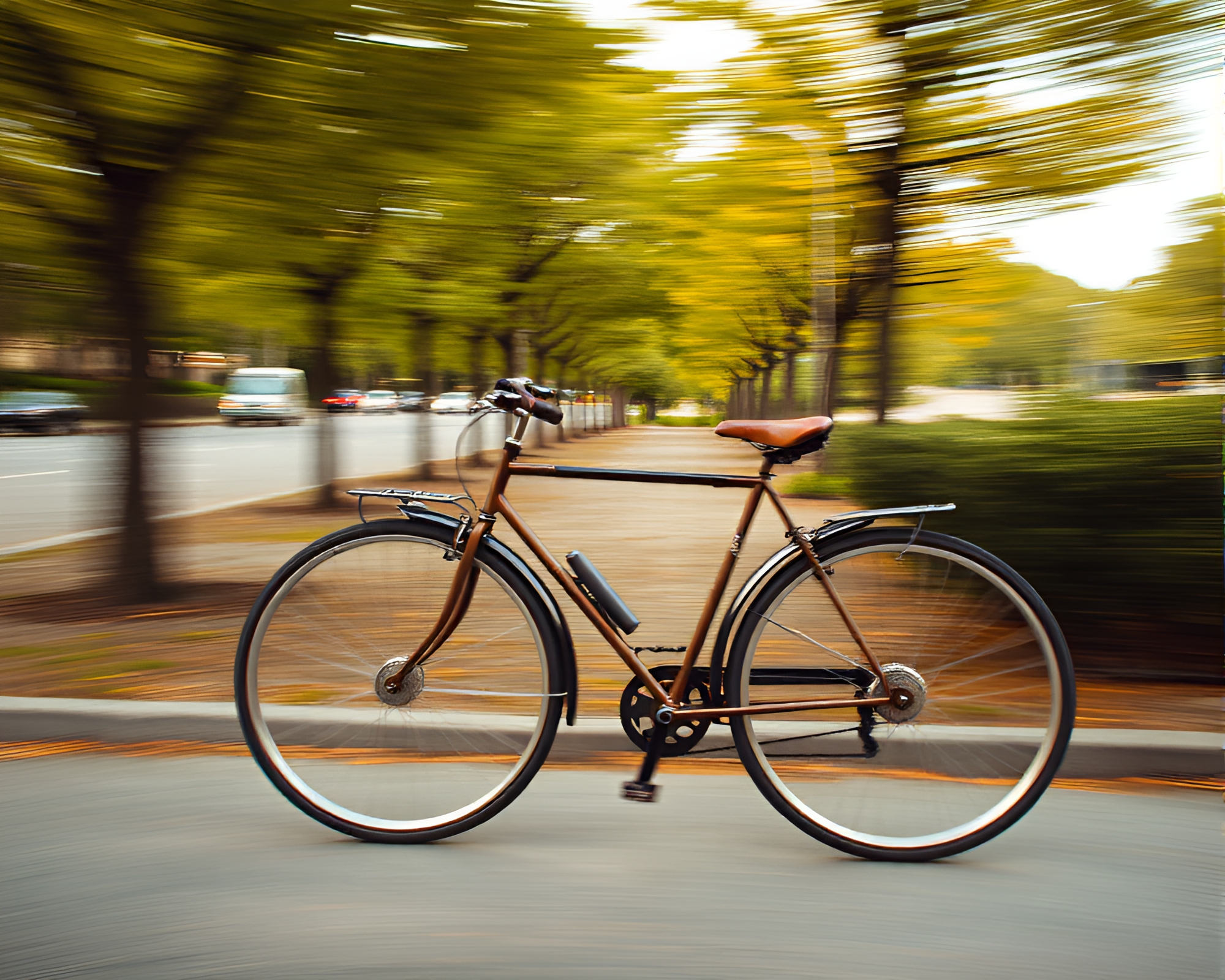 Bicycle Pan Motion Blur Through Bronze Sheen Forest – free AI stock image