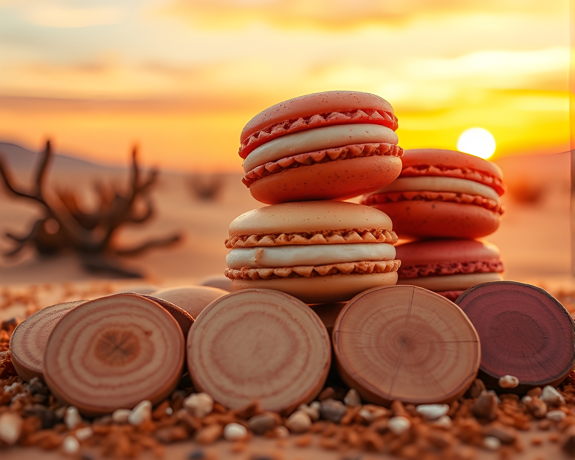 Sunset Macaron Wood Graffiti Composition – free AI stock image