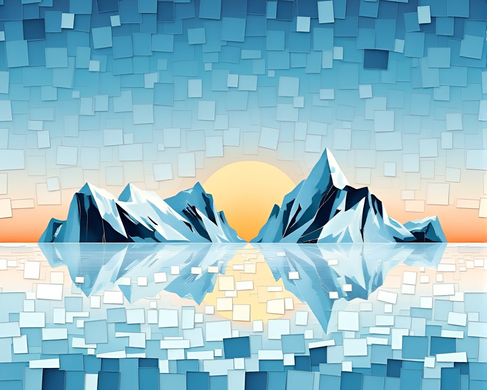 Fragmented paper cutout of an Arctic iceberg in mist