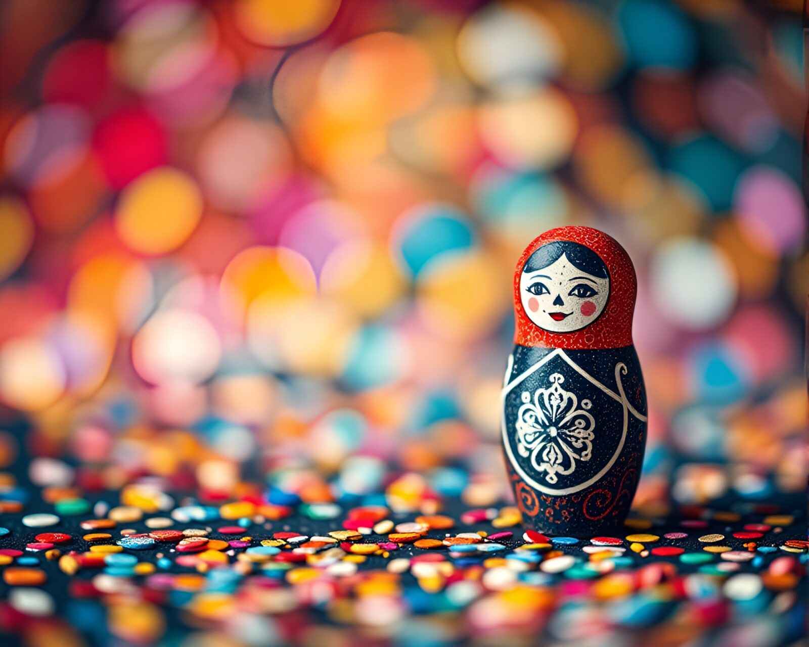 Matryoshka doll with vibrant confetti colors in tilt-shift style