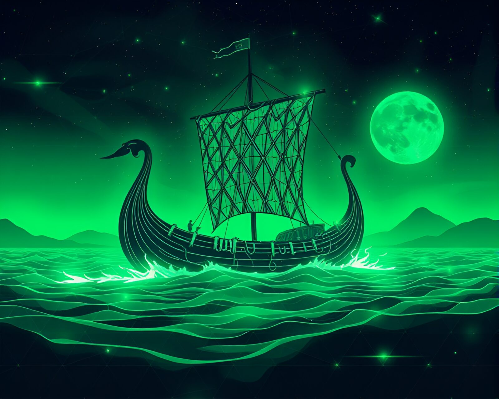 Sleek Viking vessel adorned in striking emerald sheen