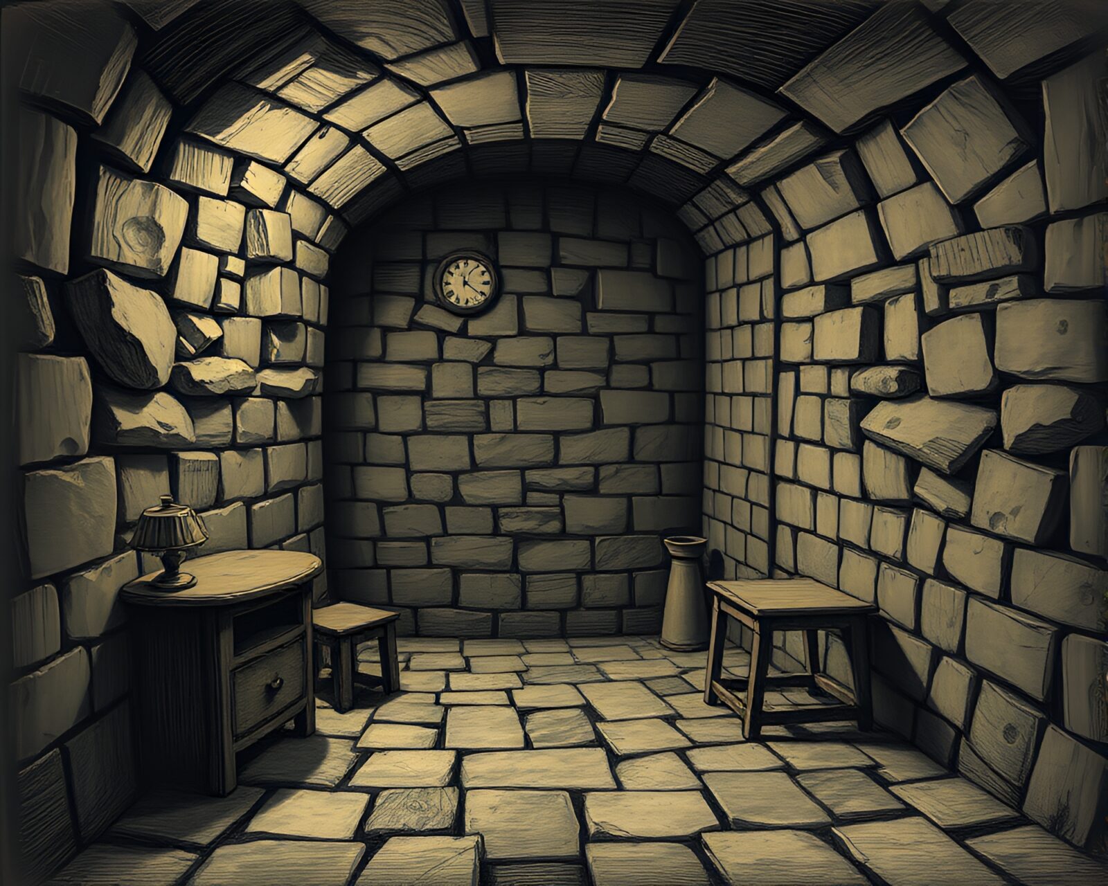 Leather-bound diary in basement gloom with etched details.