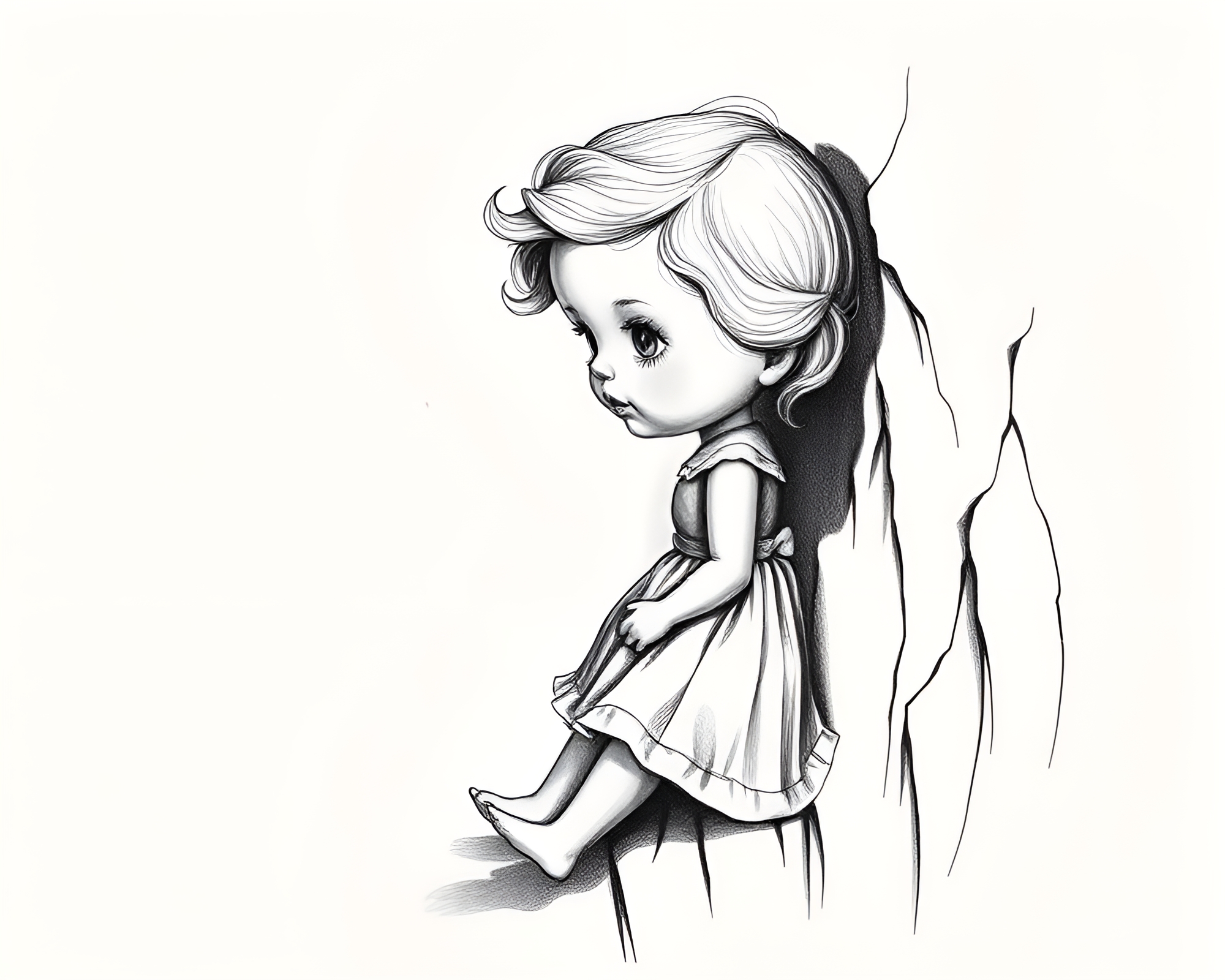 Porcelain Doll on Cliffside Shadows Etching Illustration – free AI stock image
