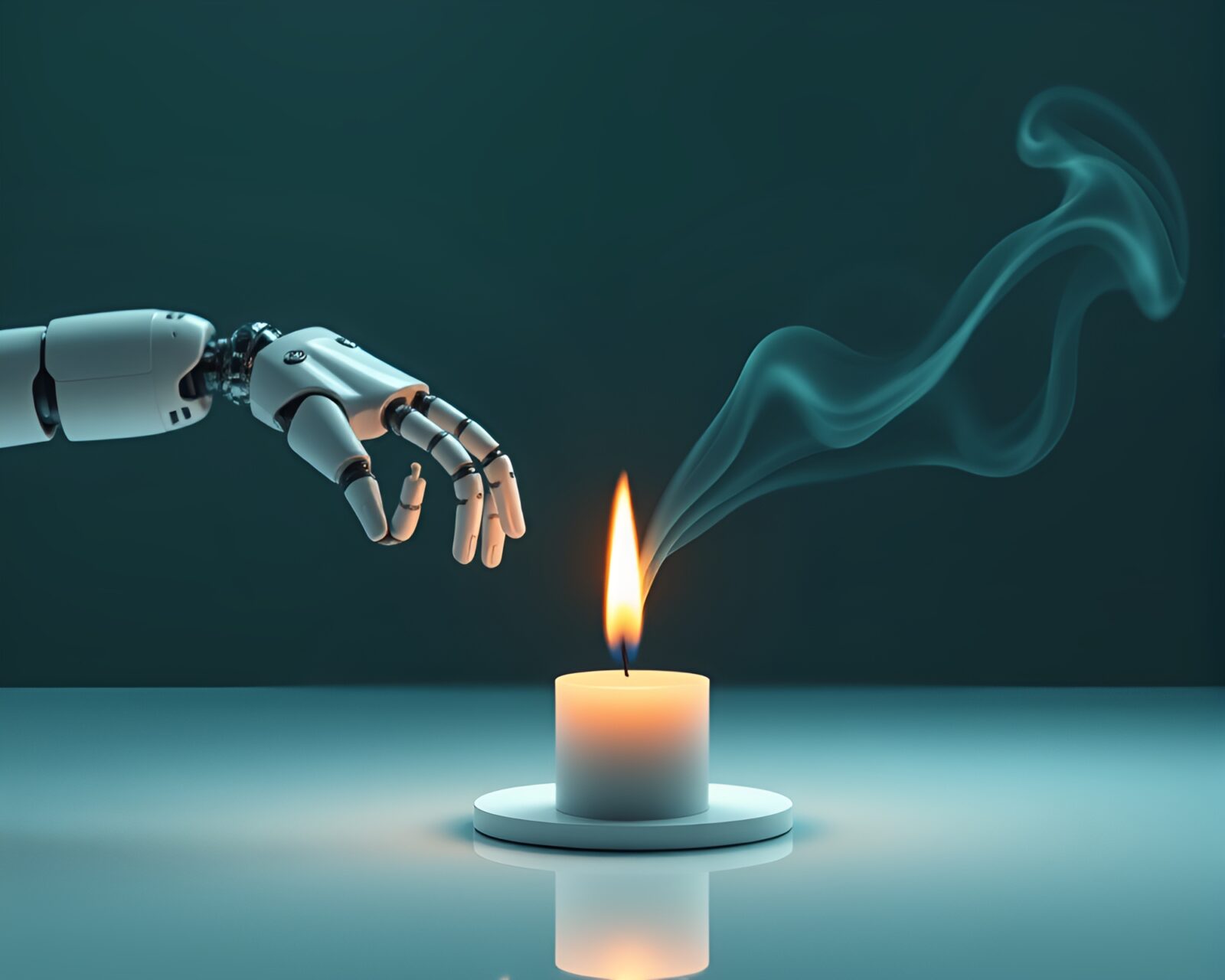 Abstract image of teal-lit robotic arm in swirling smoke