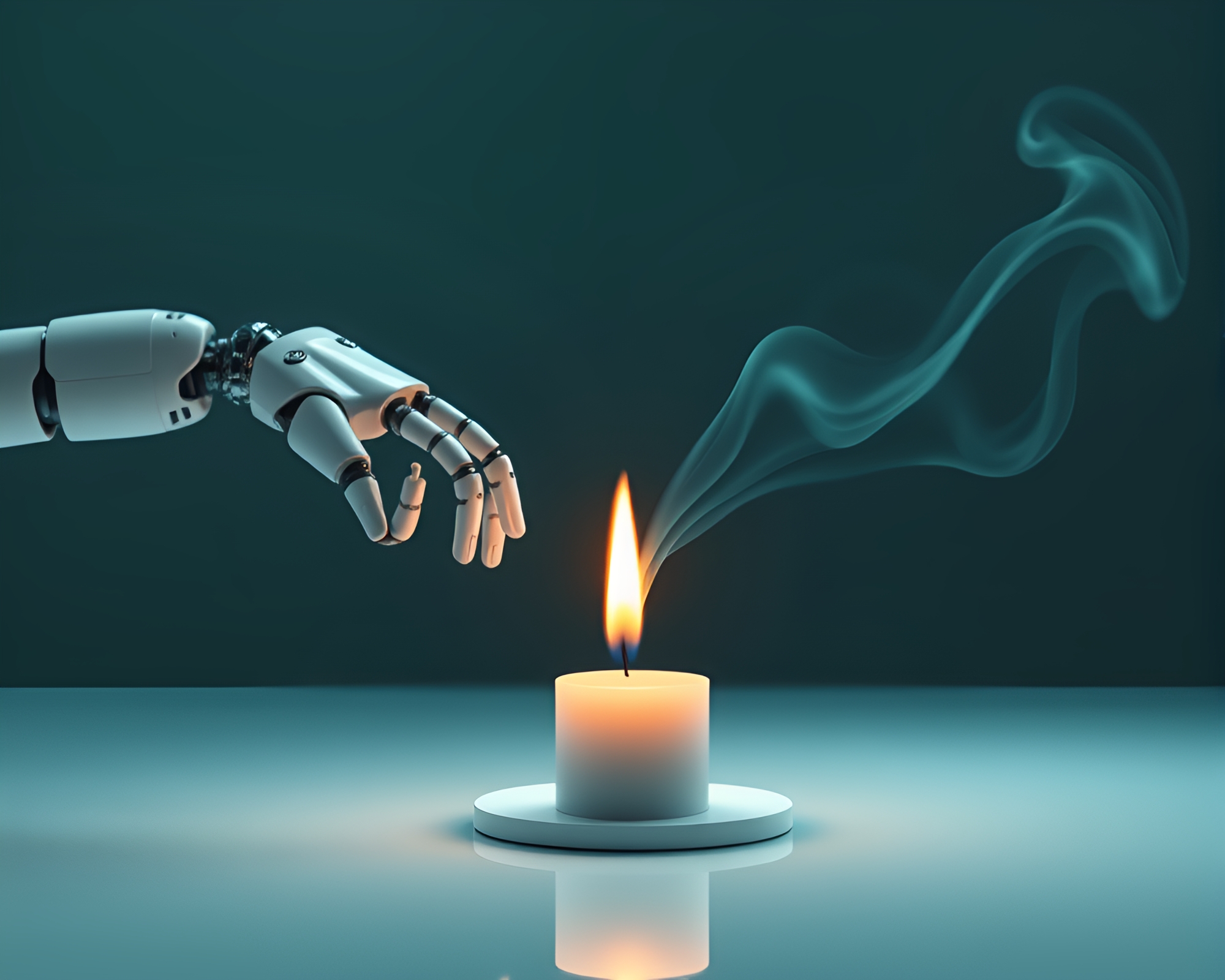 Teal Serenity: Robotic Arm Amidst Fluid Candle Smoke – free AI stock image