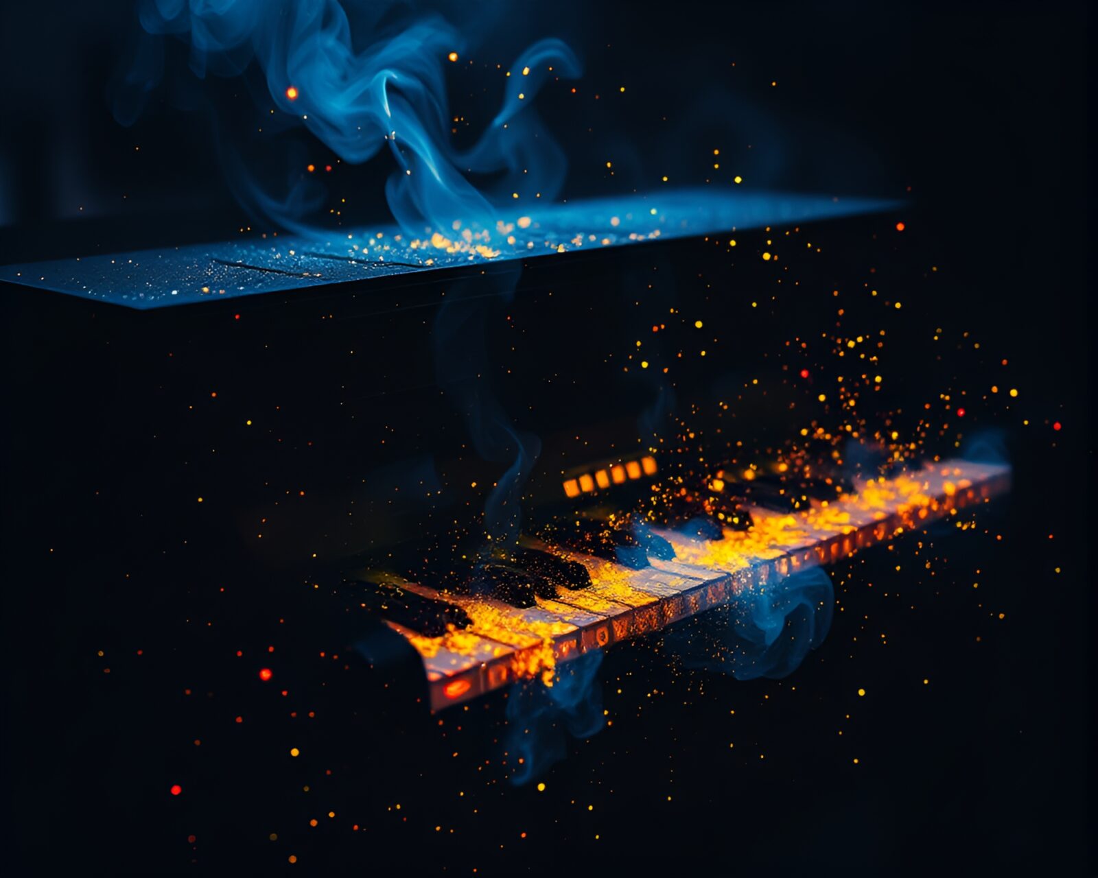 Glowing piano engulfed in swirling dust particles