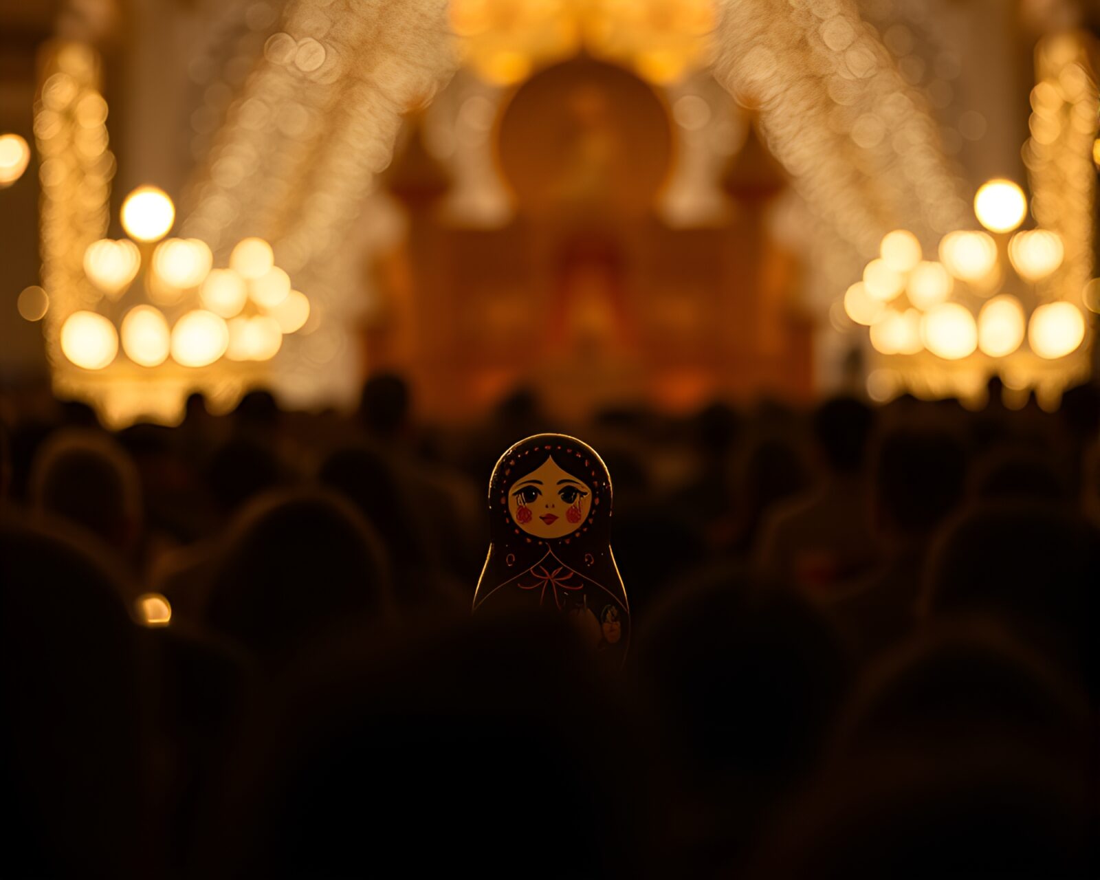 Matryoshka doll crowd in shimmering candlelit silhouette scene