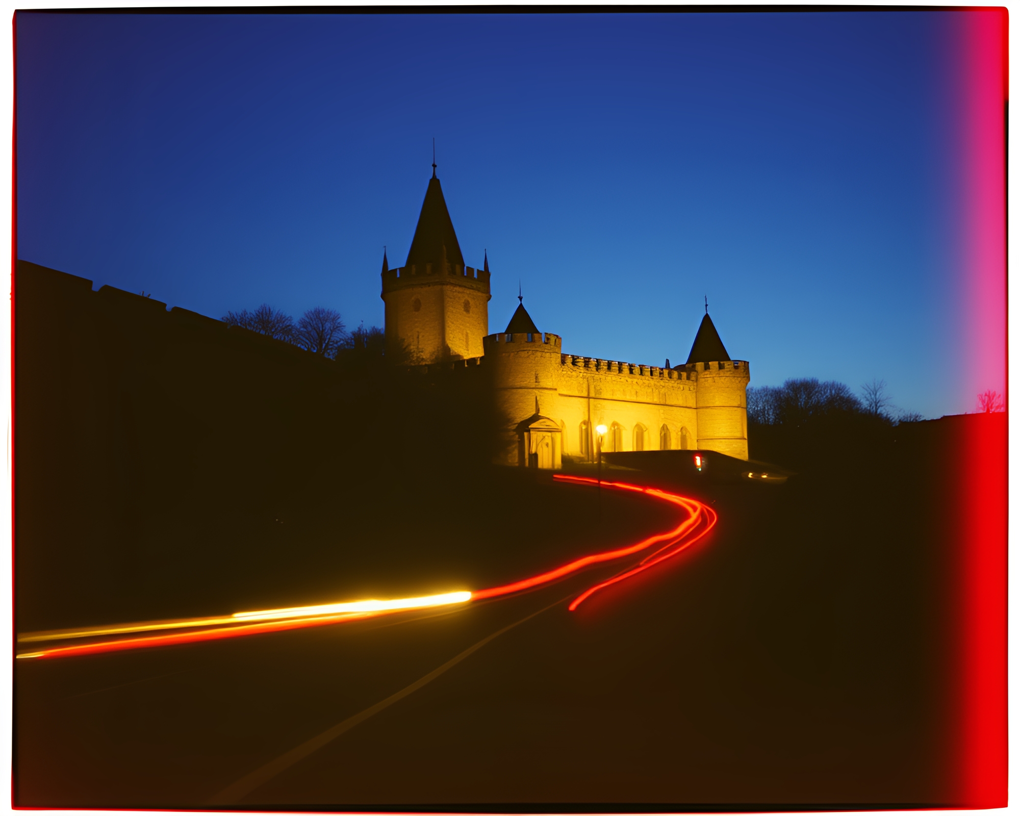 Castle Surrounded by Car Light Trails at Night – free AI stock image