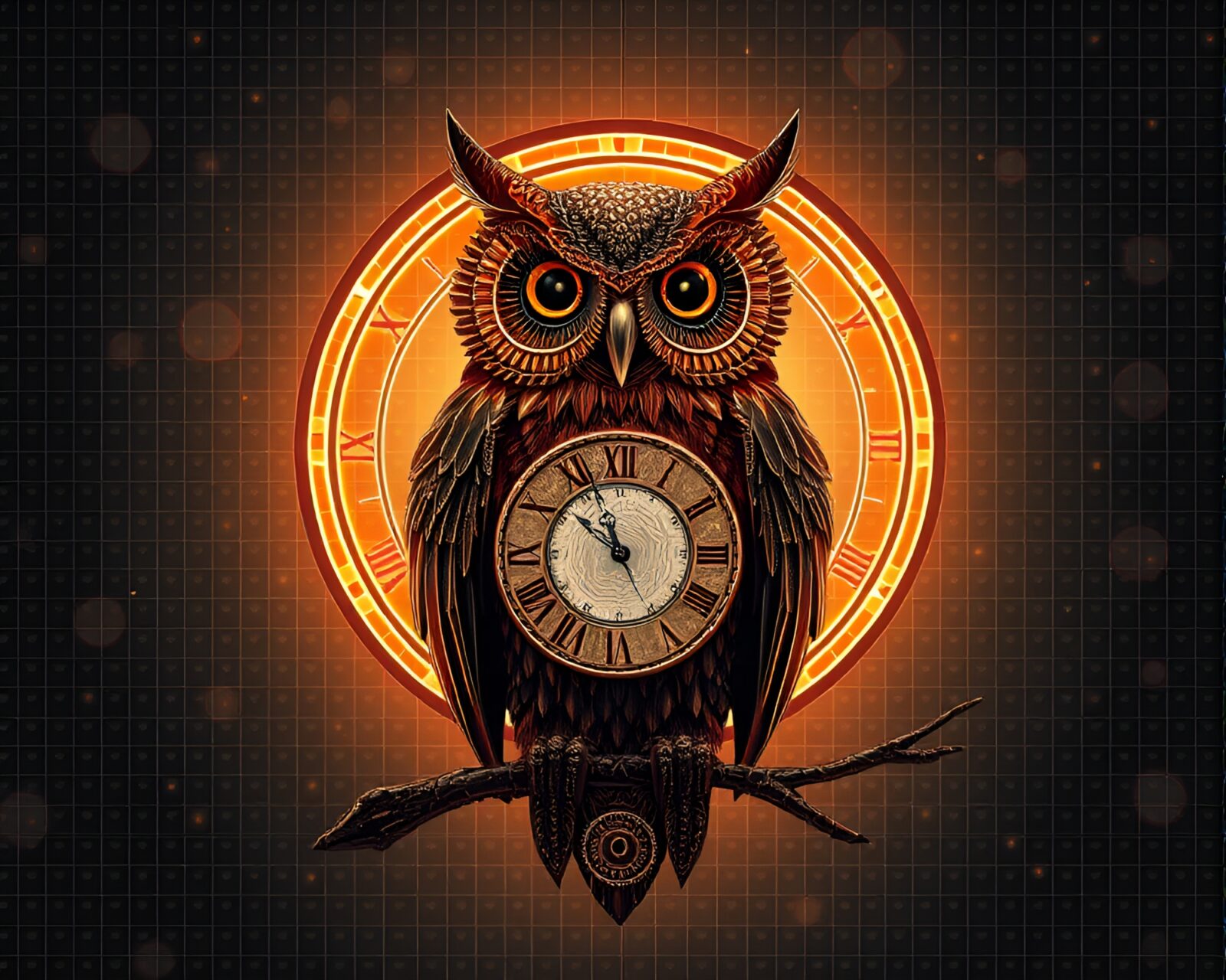 Bronze sheen clockwork owl illuminated by LED lights on grid background