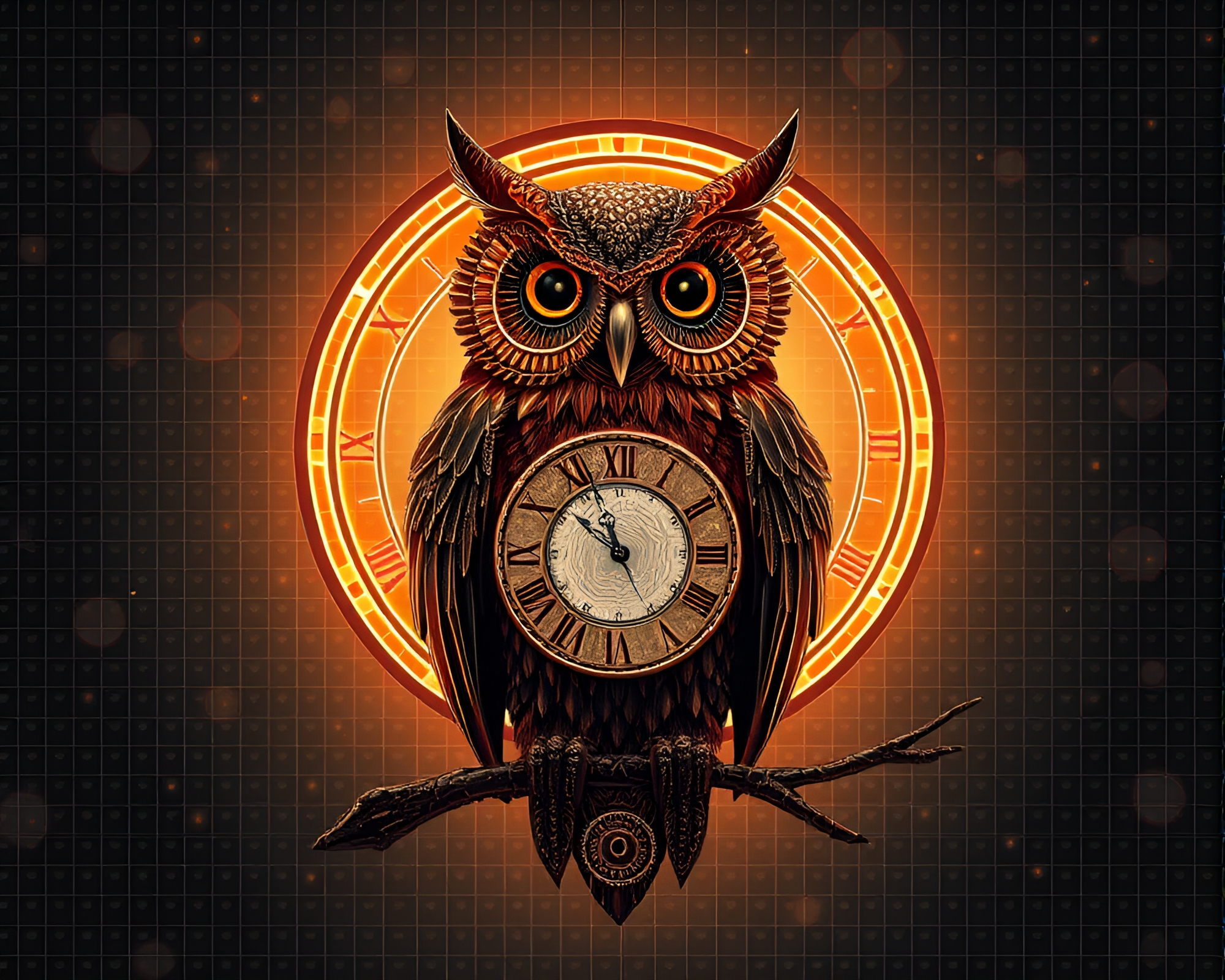 Clockwork Owl in LED Light Art Grid Overlay – free AI stock image
