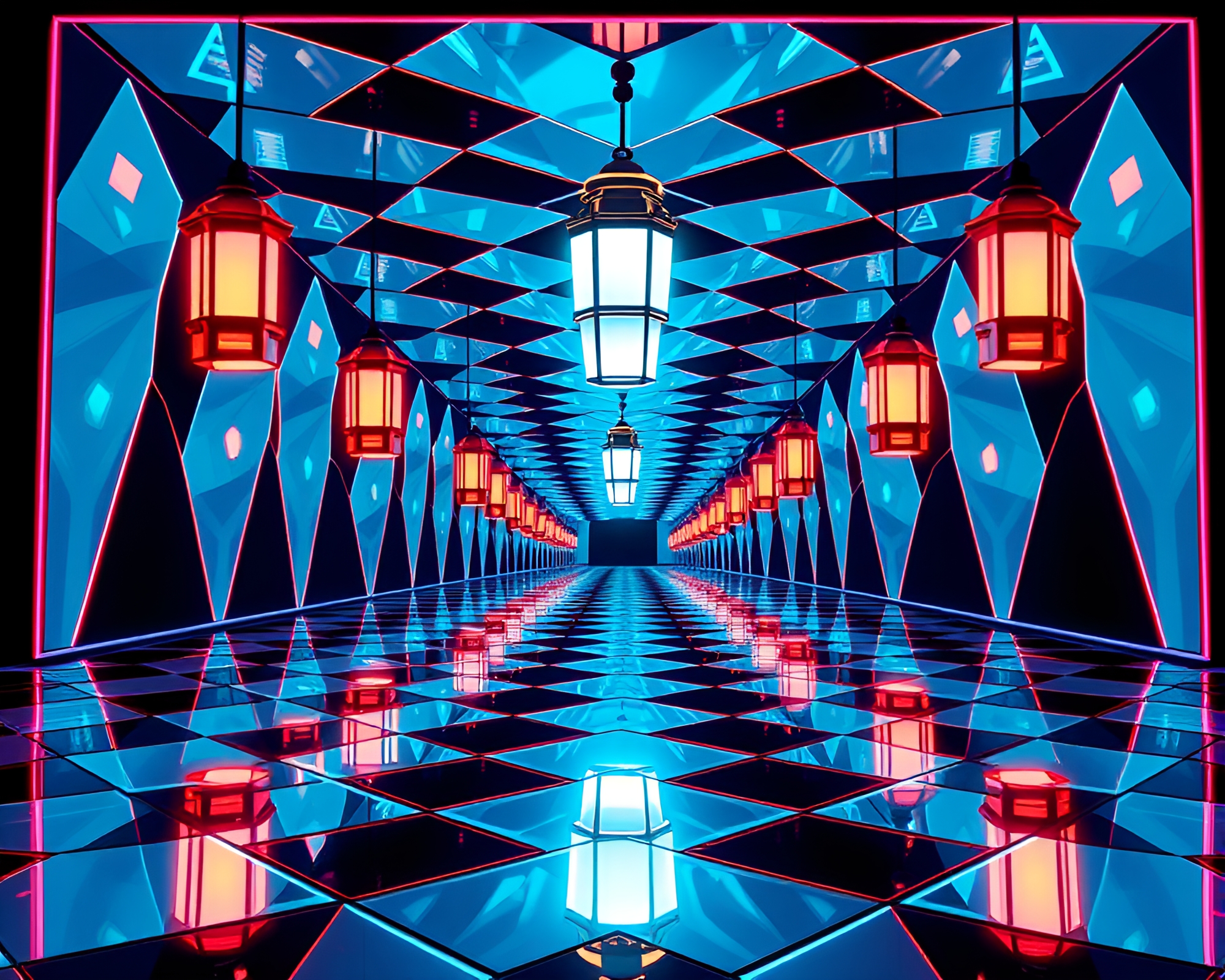Neon Escher Tessellation Cartoon Lantern Scene – free AI stock image