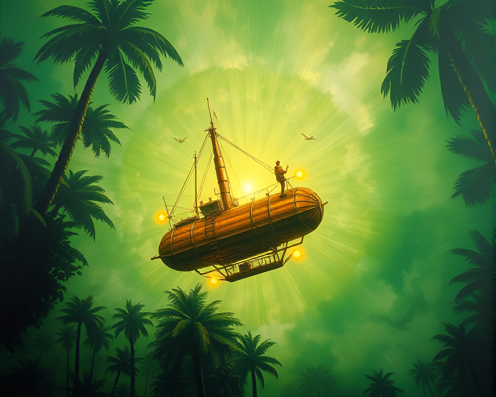 Steampunk Airship in Rainforest Green Haze – free AI stock image
