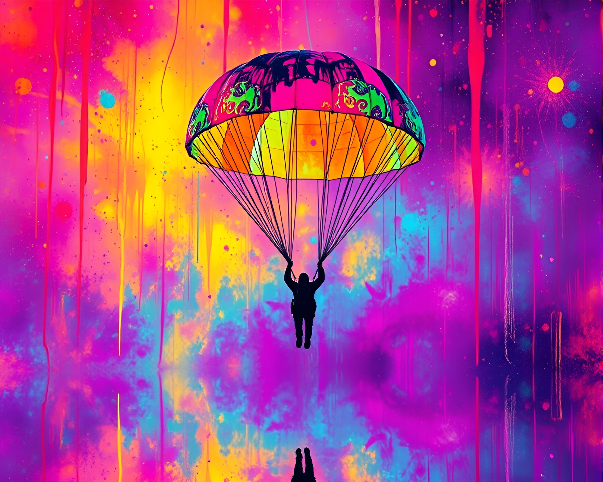 Surreal Neon Parachute Jumper in Splatter Art – free AI stock image