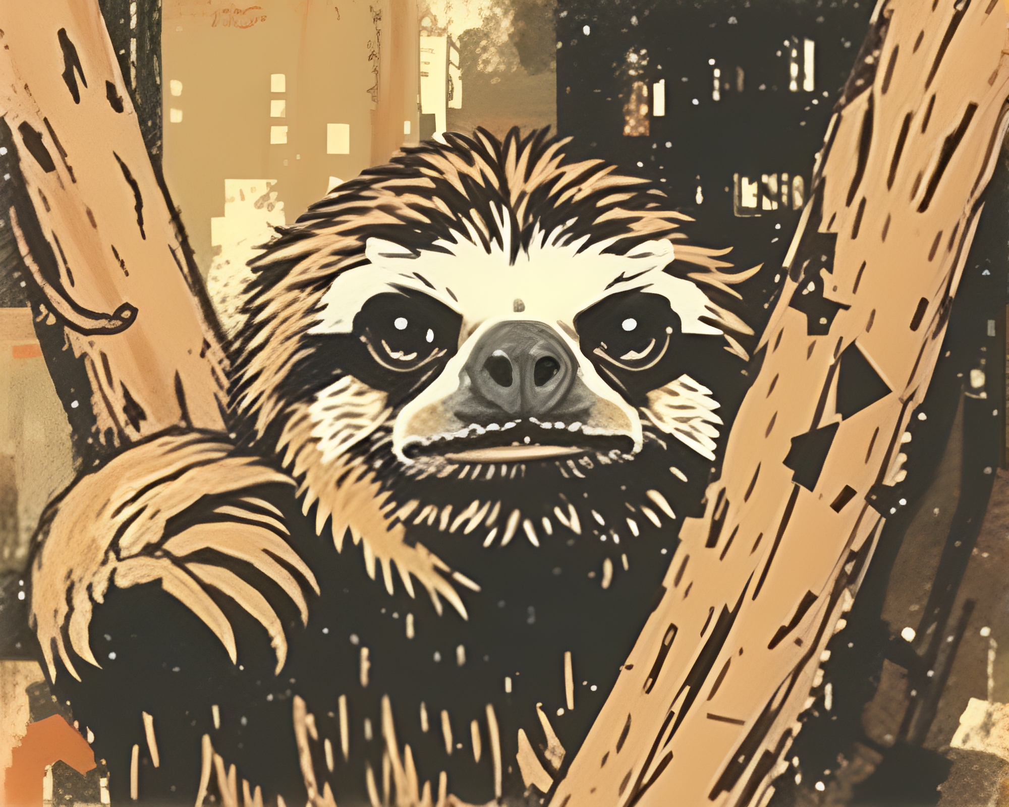Expressive Linocut Sloth in Cross-Processed Palette – free AI stock image