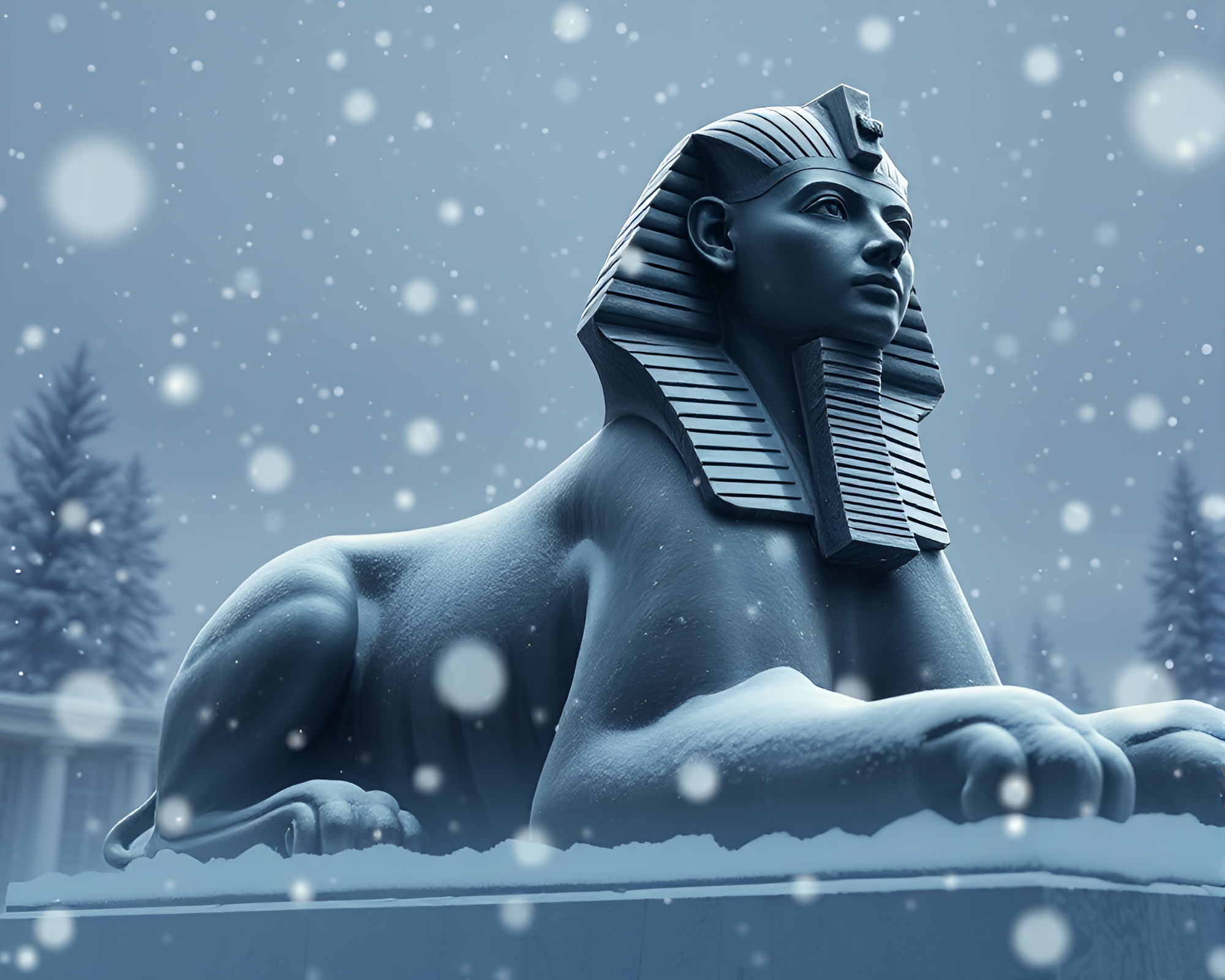 Enigmatic Sphinx in Snowflake Anime Scene – free AI stock image