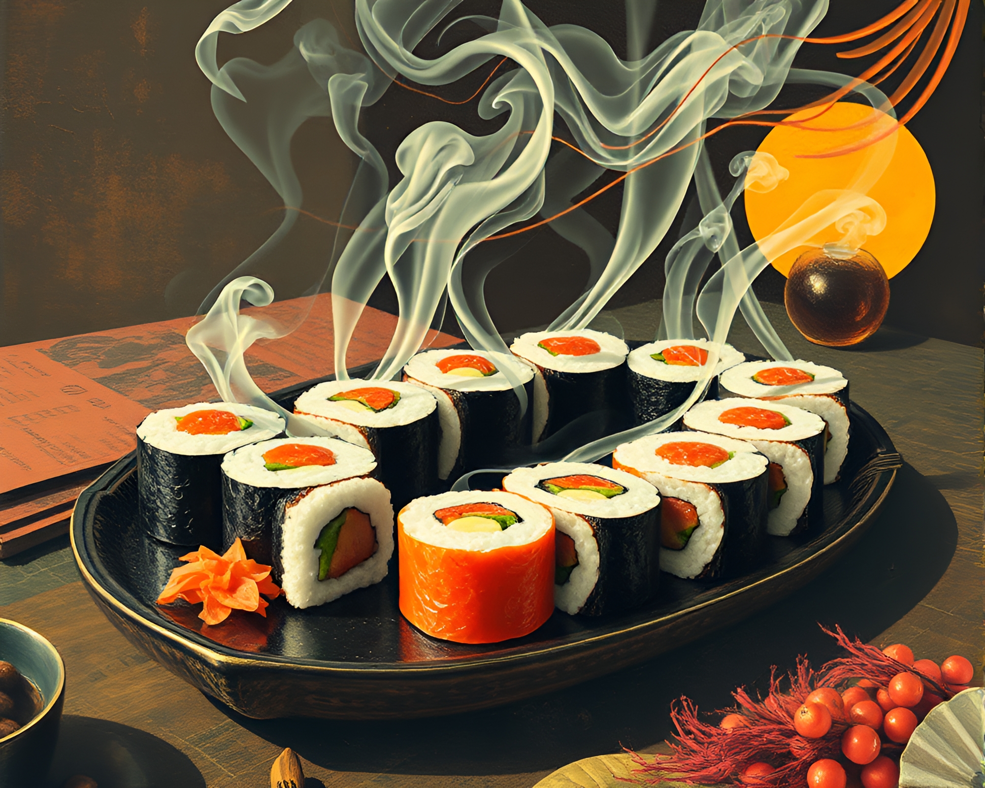 Surreal Smoke Rings Dance on Sushi Collage – free AI stock image