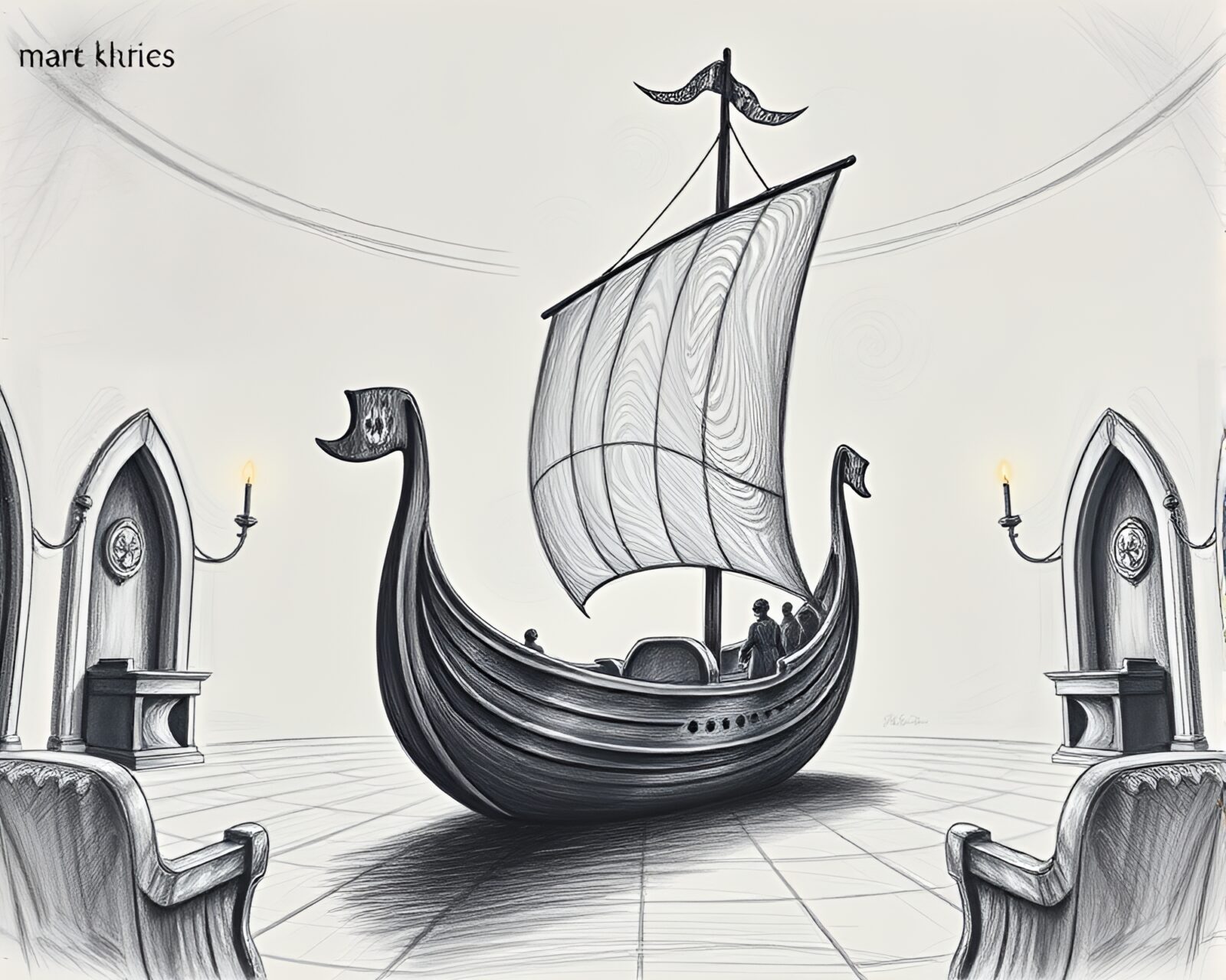 Detailed pencil sketch of Viking longship in glow-lit throne room amidst swirling fingerprints
