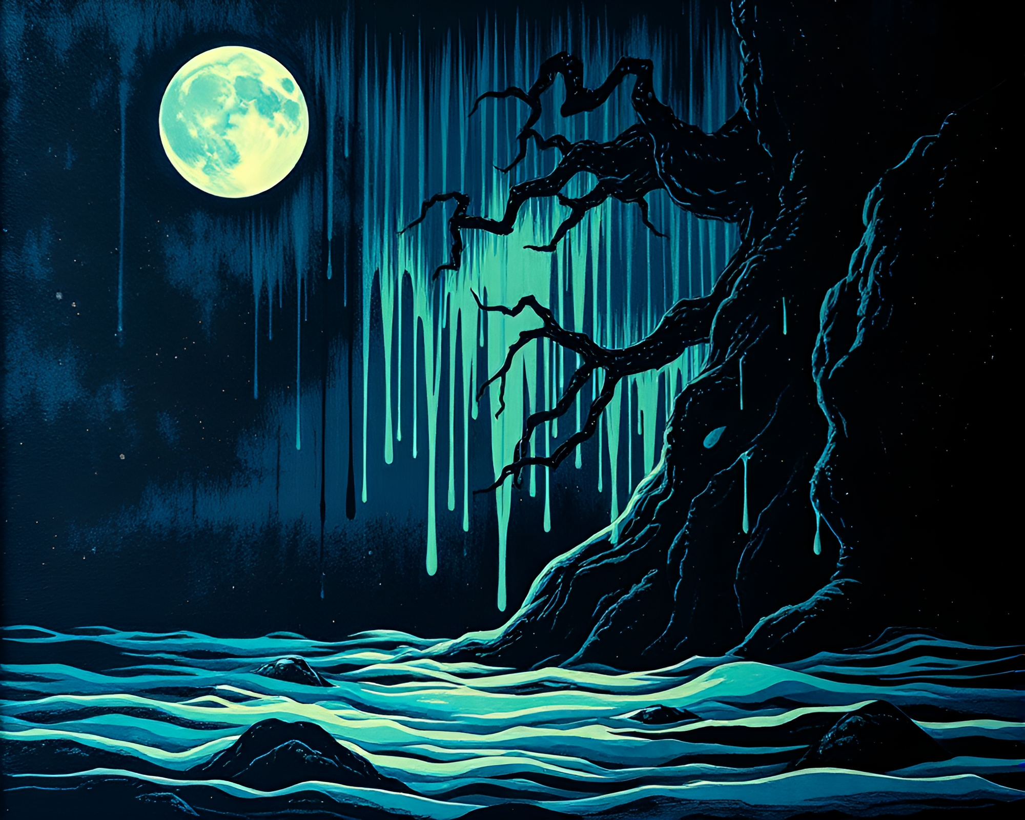 Bioluminescent Siren Woodcut Print with Paint Drips – free AI stock image