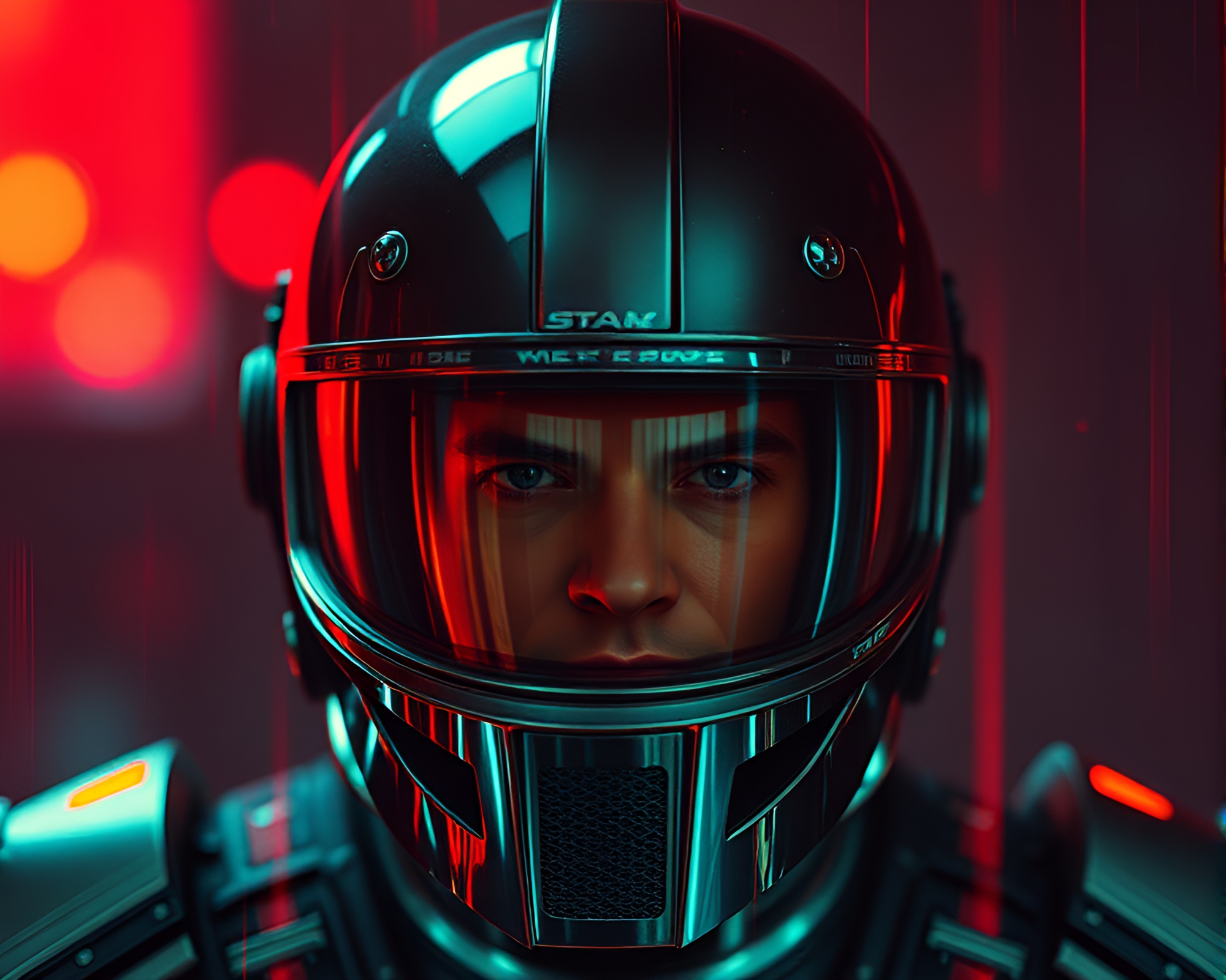 Helmeted Cybernetic Warrior in Film Burn Aesthetic – free AI stock image