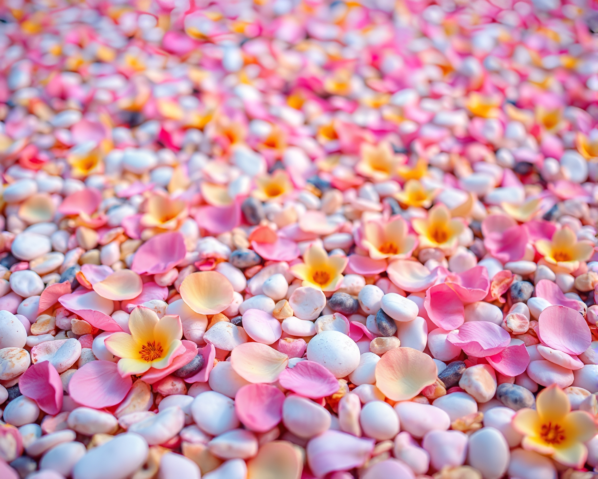 Neon Flower Petals on Pebble Beach Comic Scene – free AI stock image