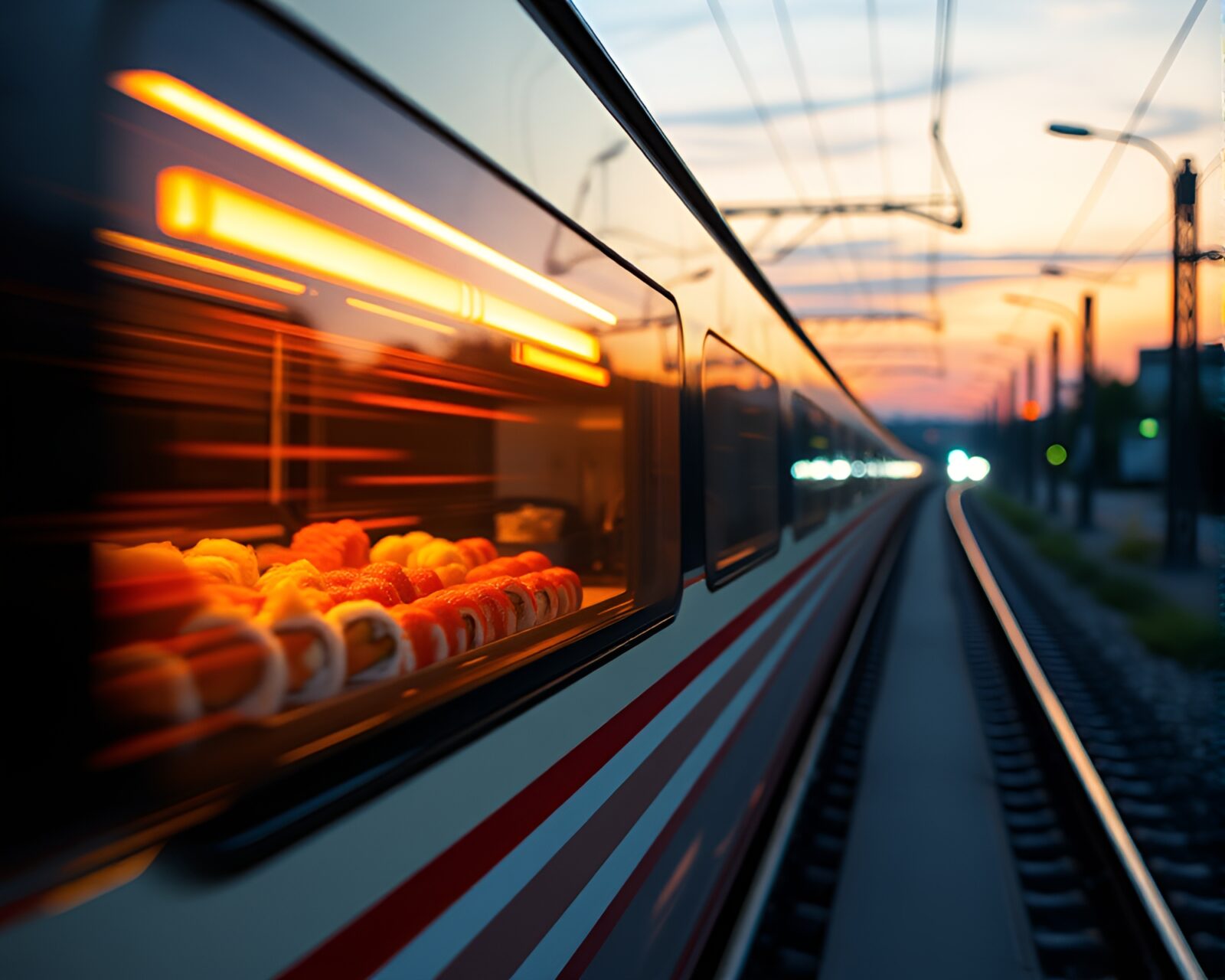 Abstract train light trails intersecting with glitched sushi platter