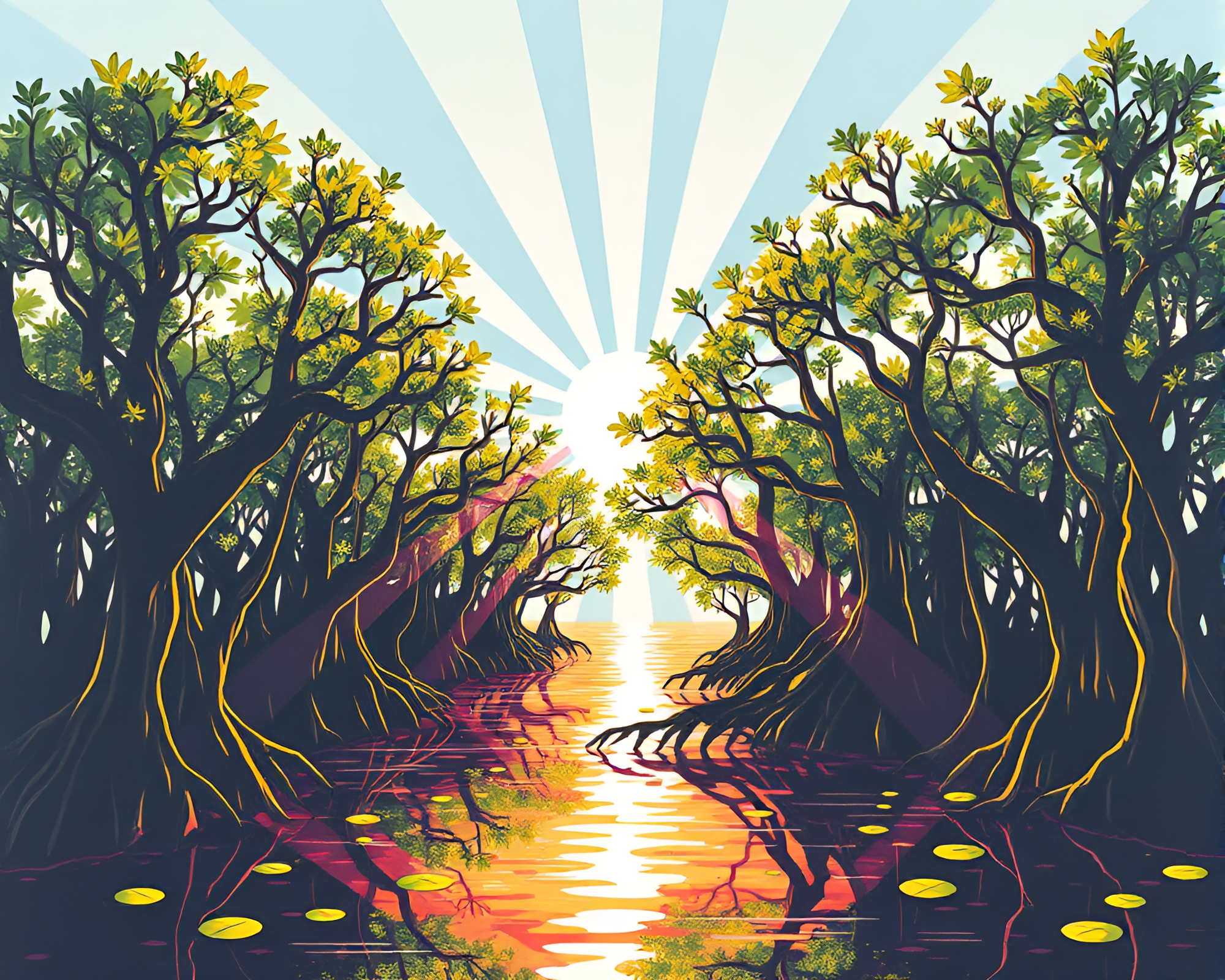 Mangrove Street Art Illuminated by Sunbeam Rays – free AI stock image