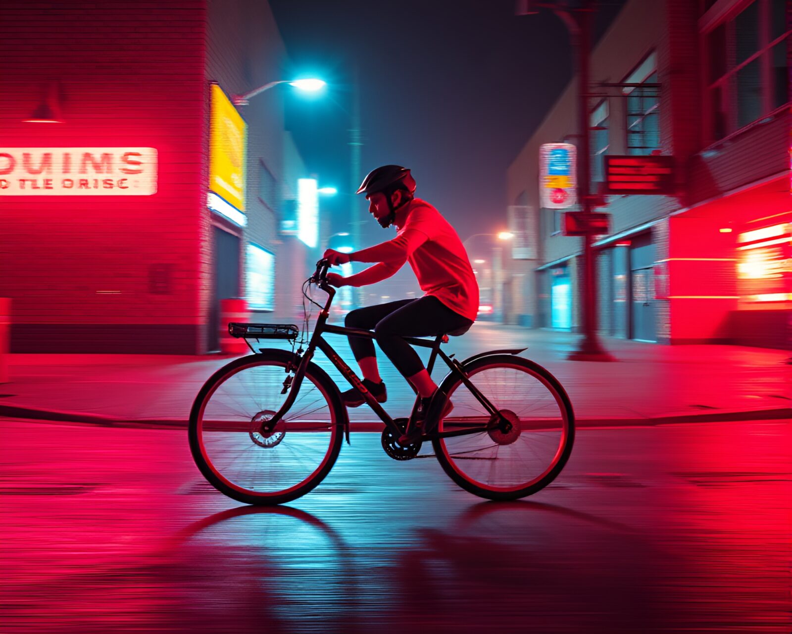 Dynamic motion capture scene of futuristic cyclist on vibrant brick red street