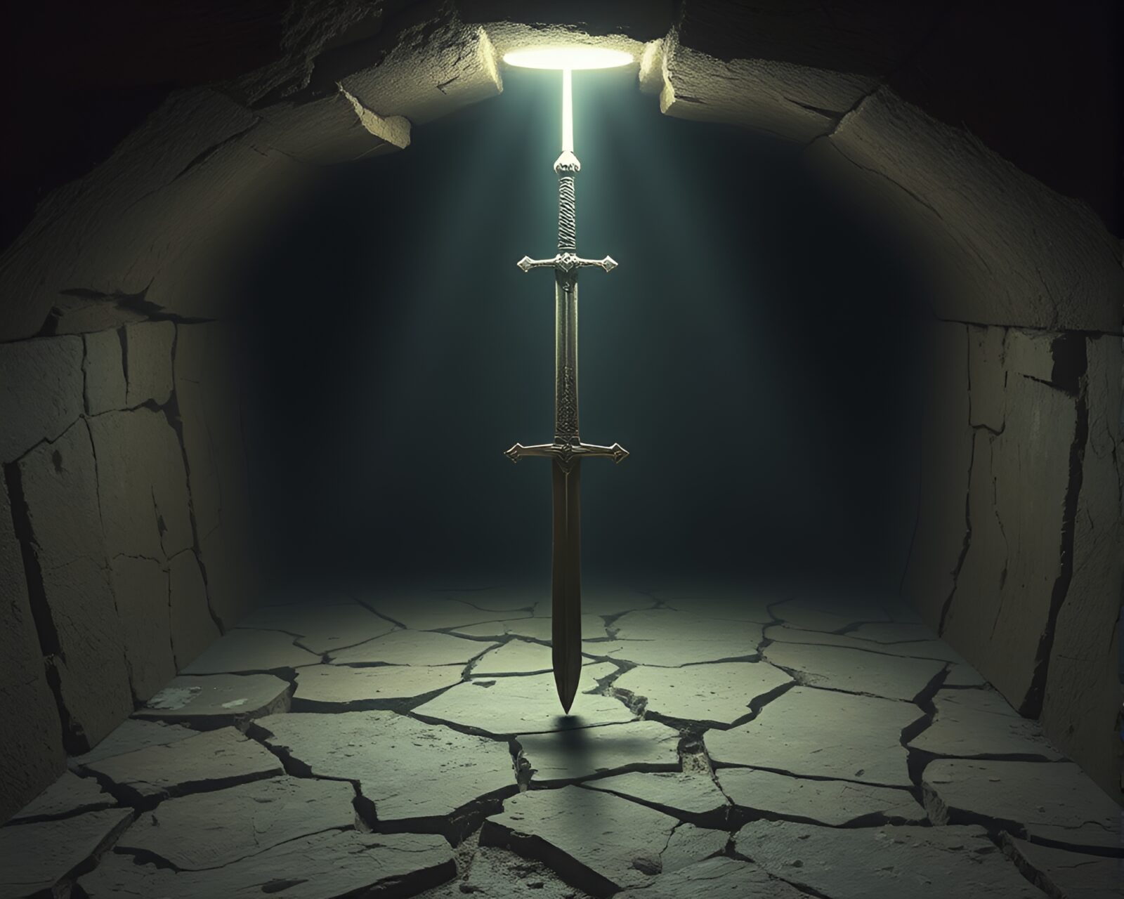 Cracked earth arena with rim-lit figures wielding swords