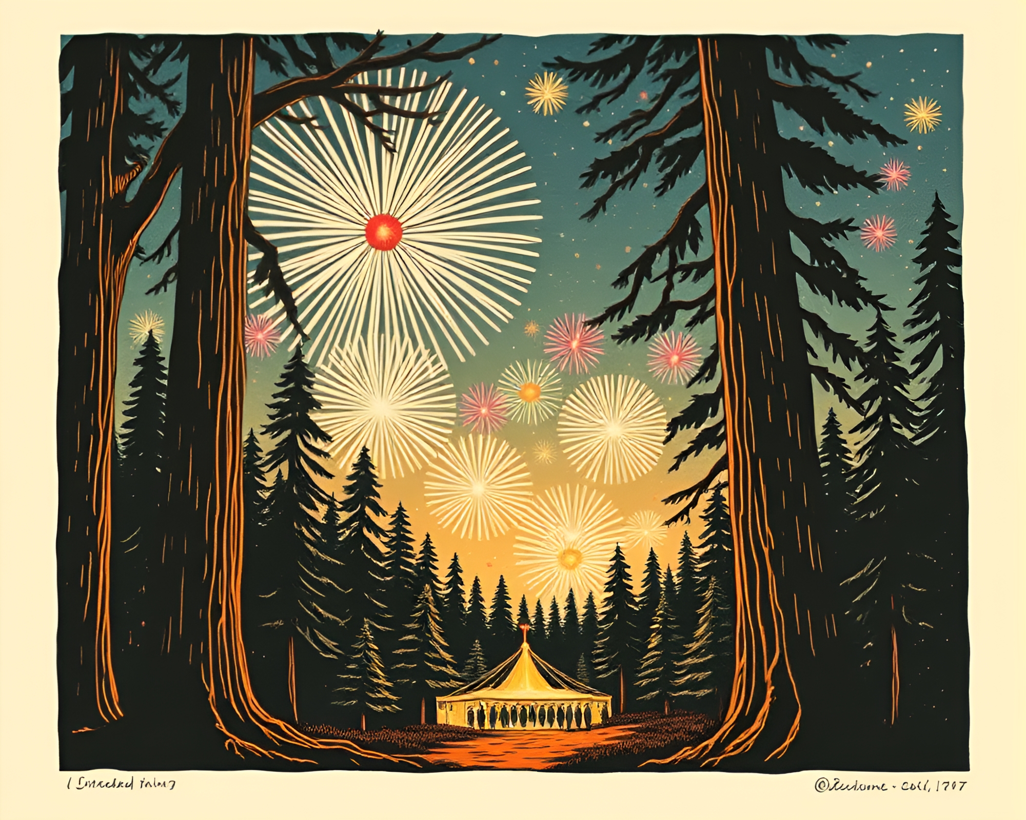 Majestic Redwood Tree Framed by Festival Fireworks Glow – free AI stock image