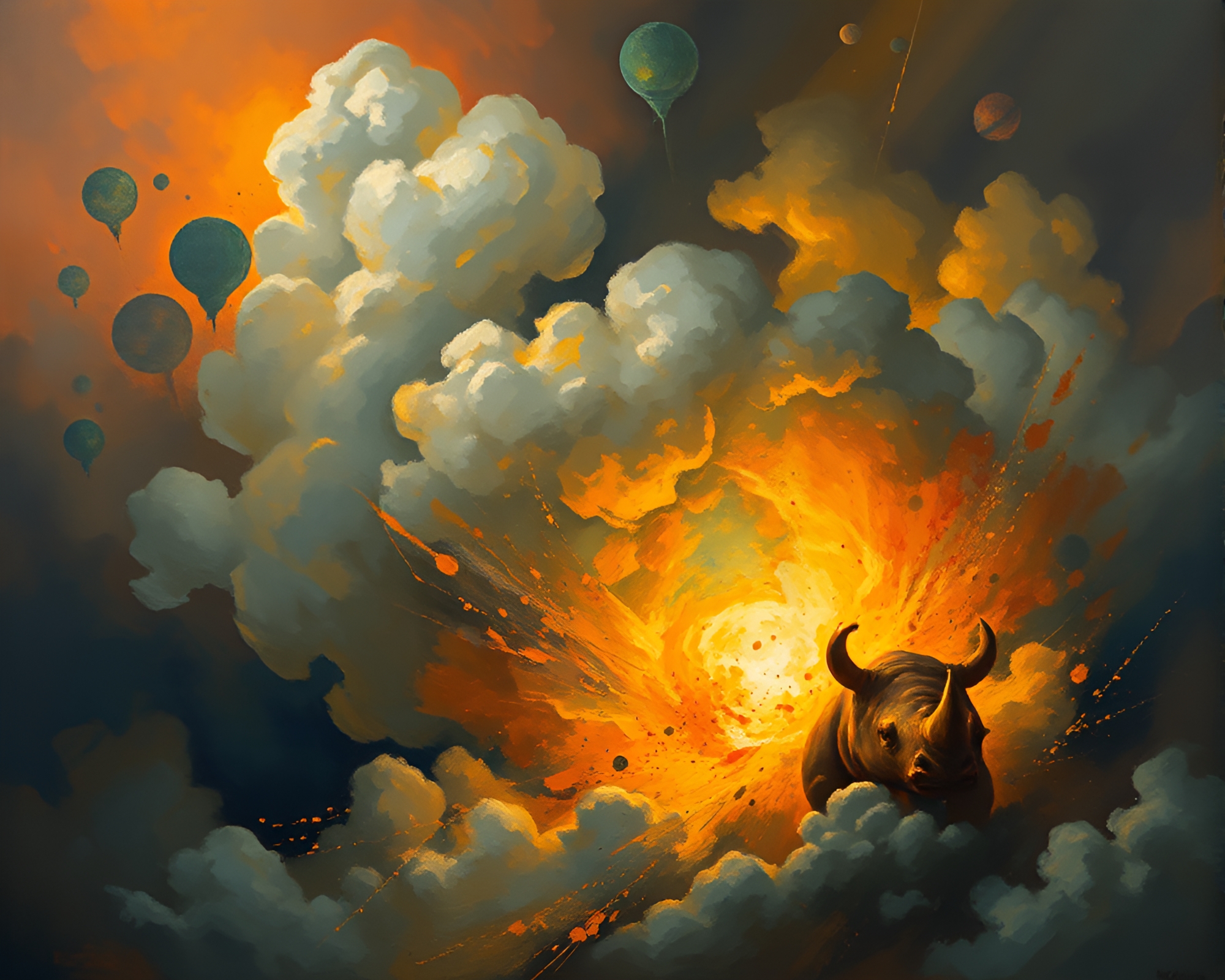 Explosive Rhino Charge in Shadowy Dungeon – free AI stock image
