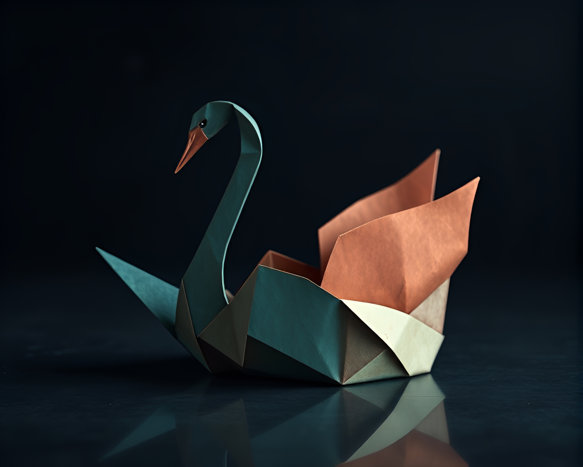 Copper Origami Swan in Desaturated Geometric Abstraction – free AI stock image