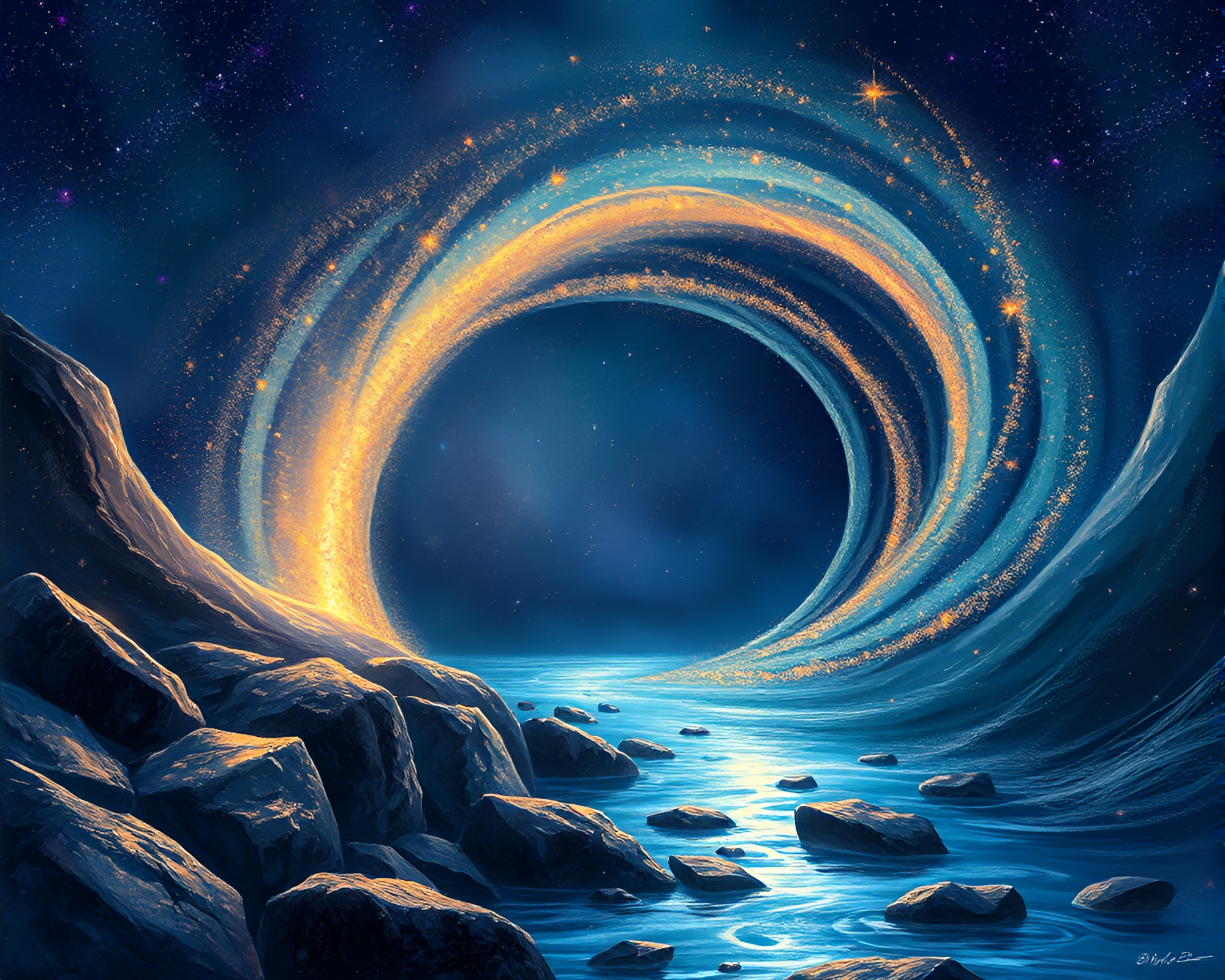 Starlit Arch Bridge in Cosmic Vortex – free AI stock image