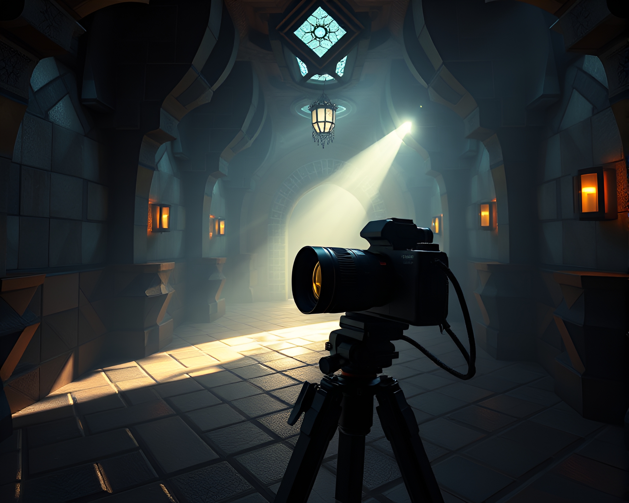 Mystical Geometric Patterns Illuminated by Dungeon Torchlight – free AI stock image