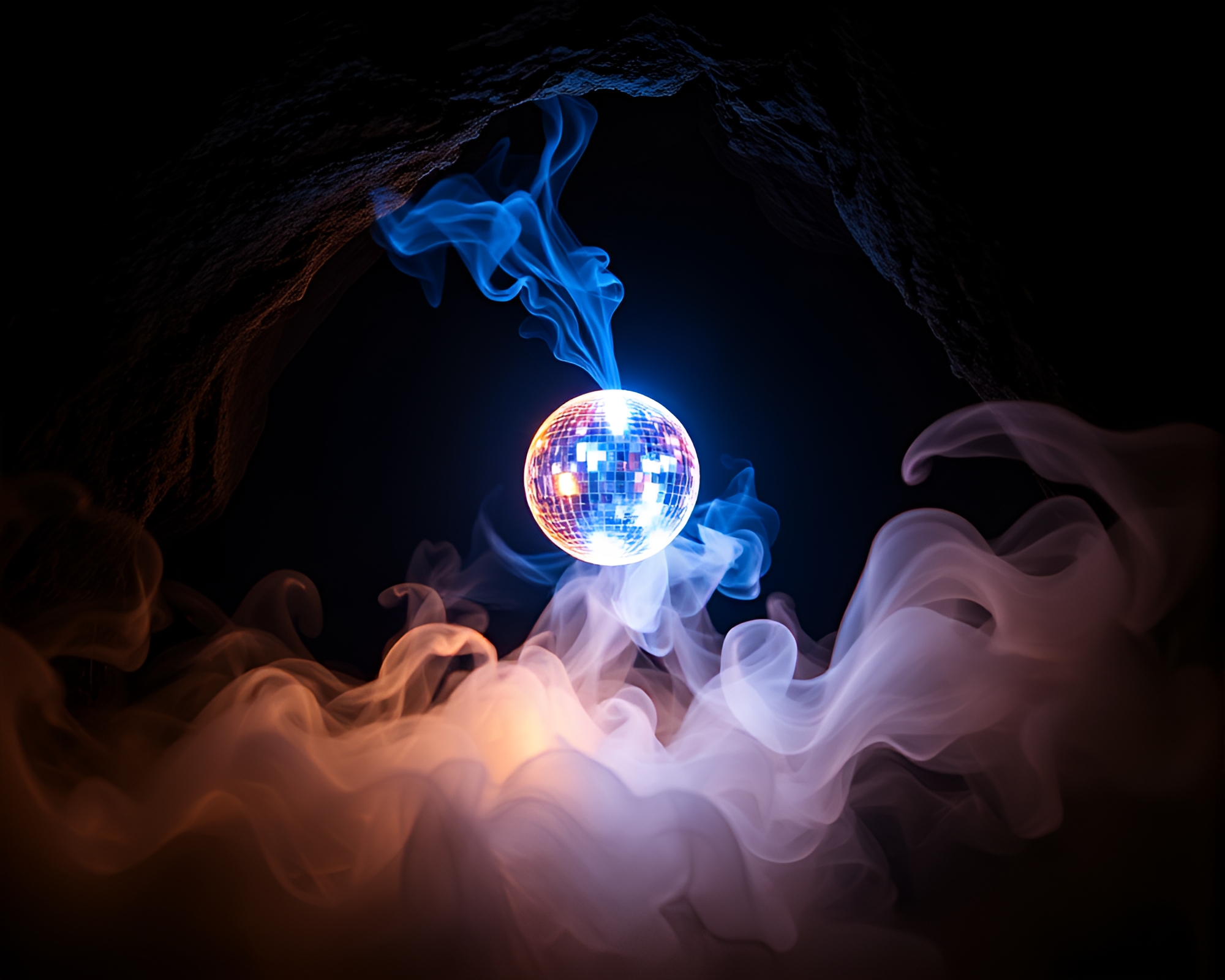 Swirling Smoke Cave Disco Ball LED Art – free AI stock image