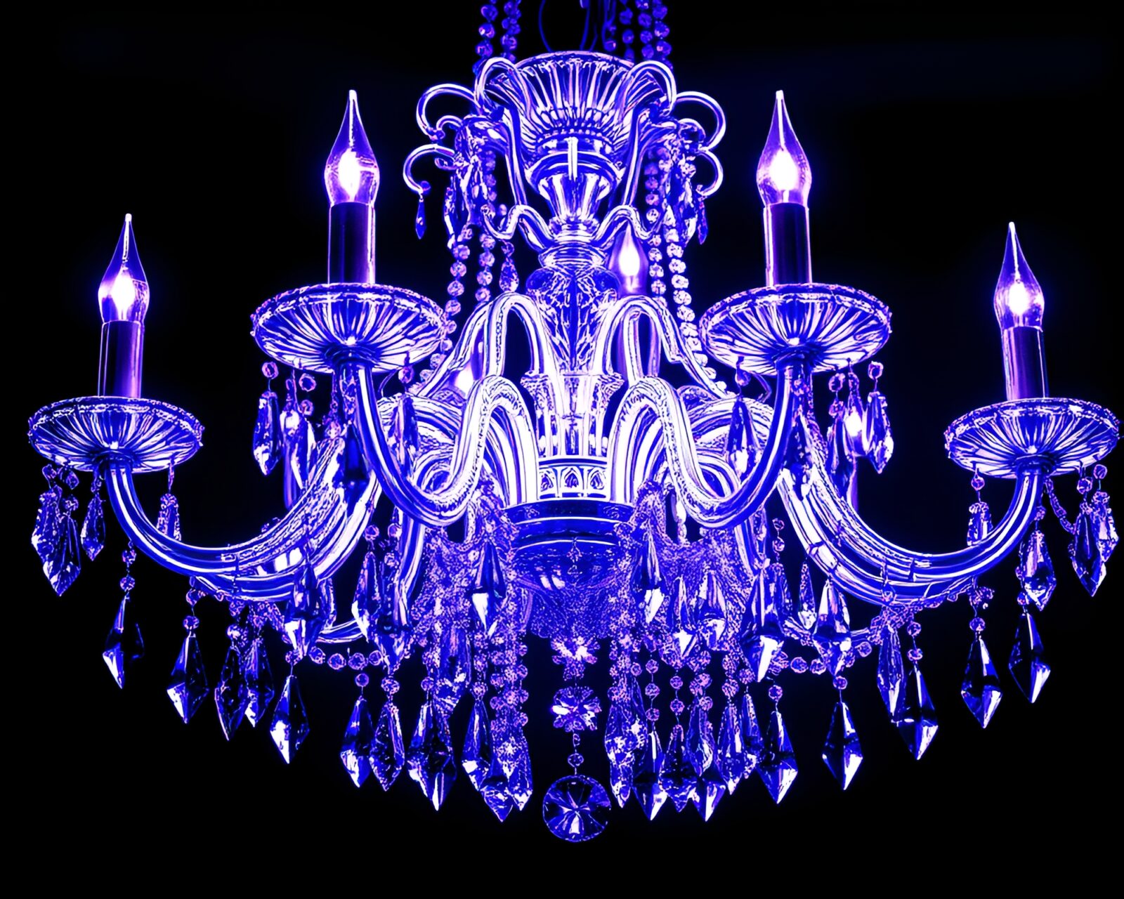 Glowing ultraviolet crystal chandelier with intricate engraved patterns