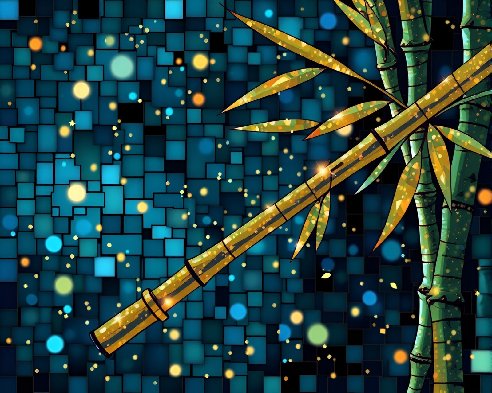 Colorful mosaic of bamboo flute in metallic sparkle light
