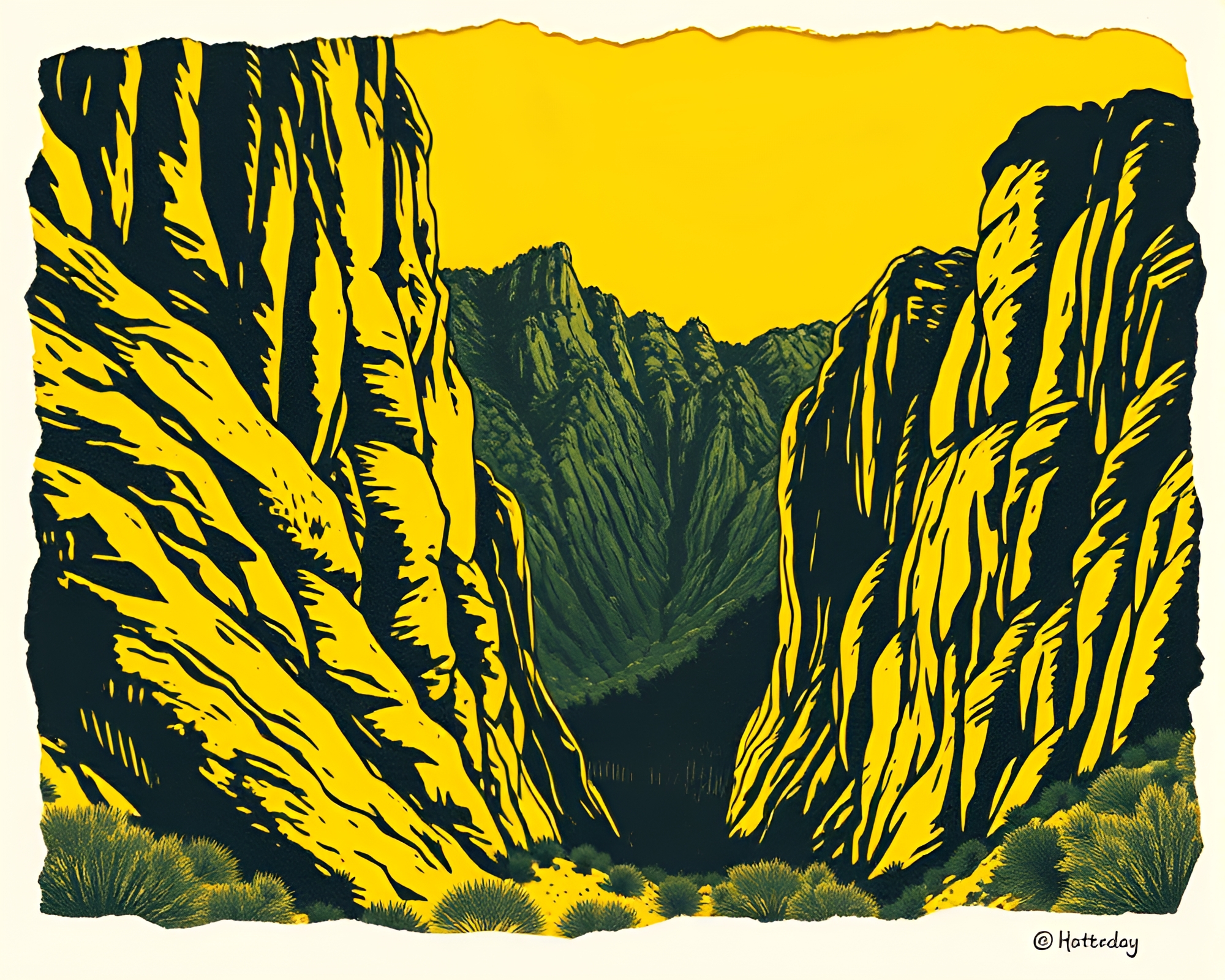 Torn Canyon Linocut: Lemon Yellow Zing – free AI stock image