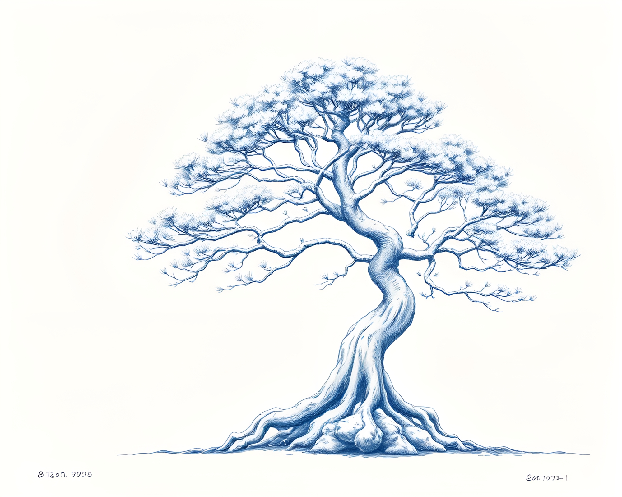 Arctic Blue Bonsai Tree Crosshatching Screen Print – free AI stock image