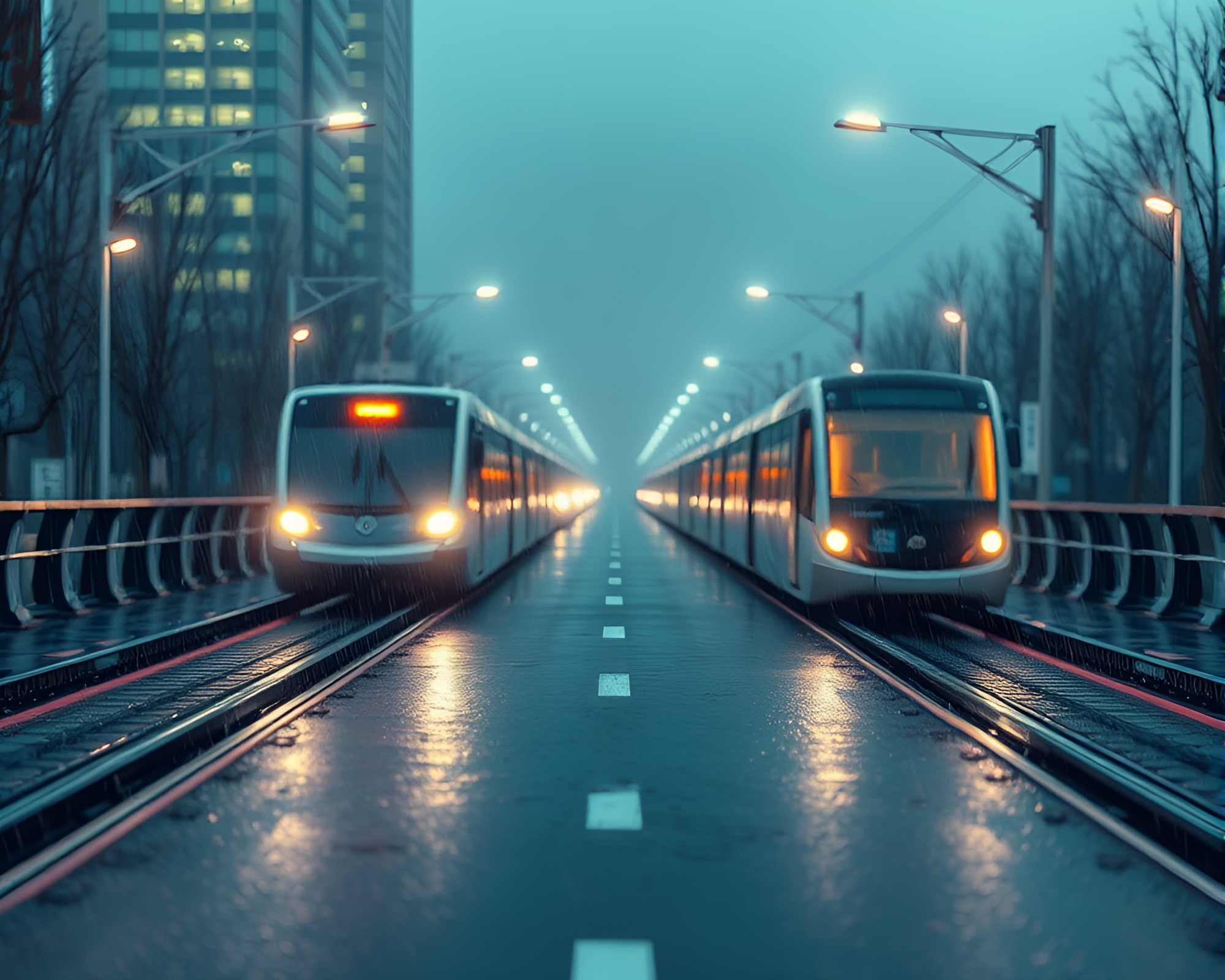 Neon Monorail Crossing Wet Particle-Paved Street – free AI stock image