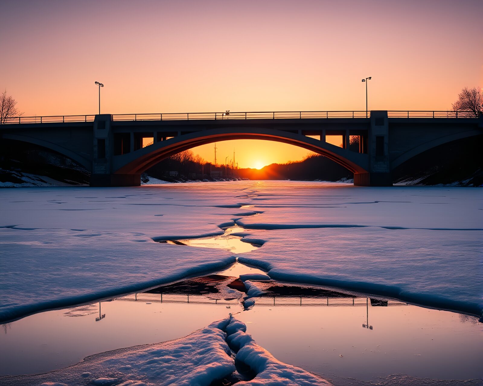 Silhouetted arch bridge reflected on icy cracked surface at sunset