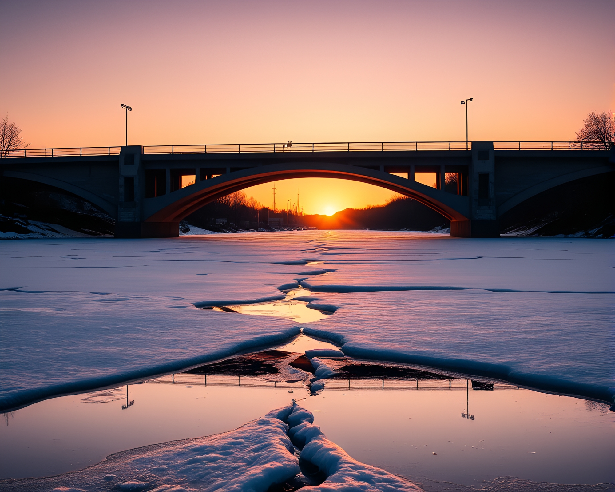 Cracked ice arch bridge at golden hour dusk – free AI stock image
