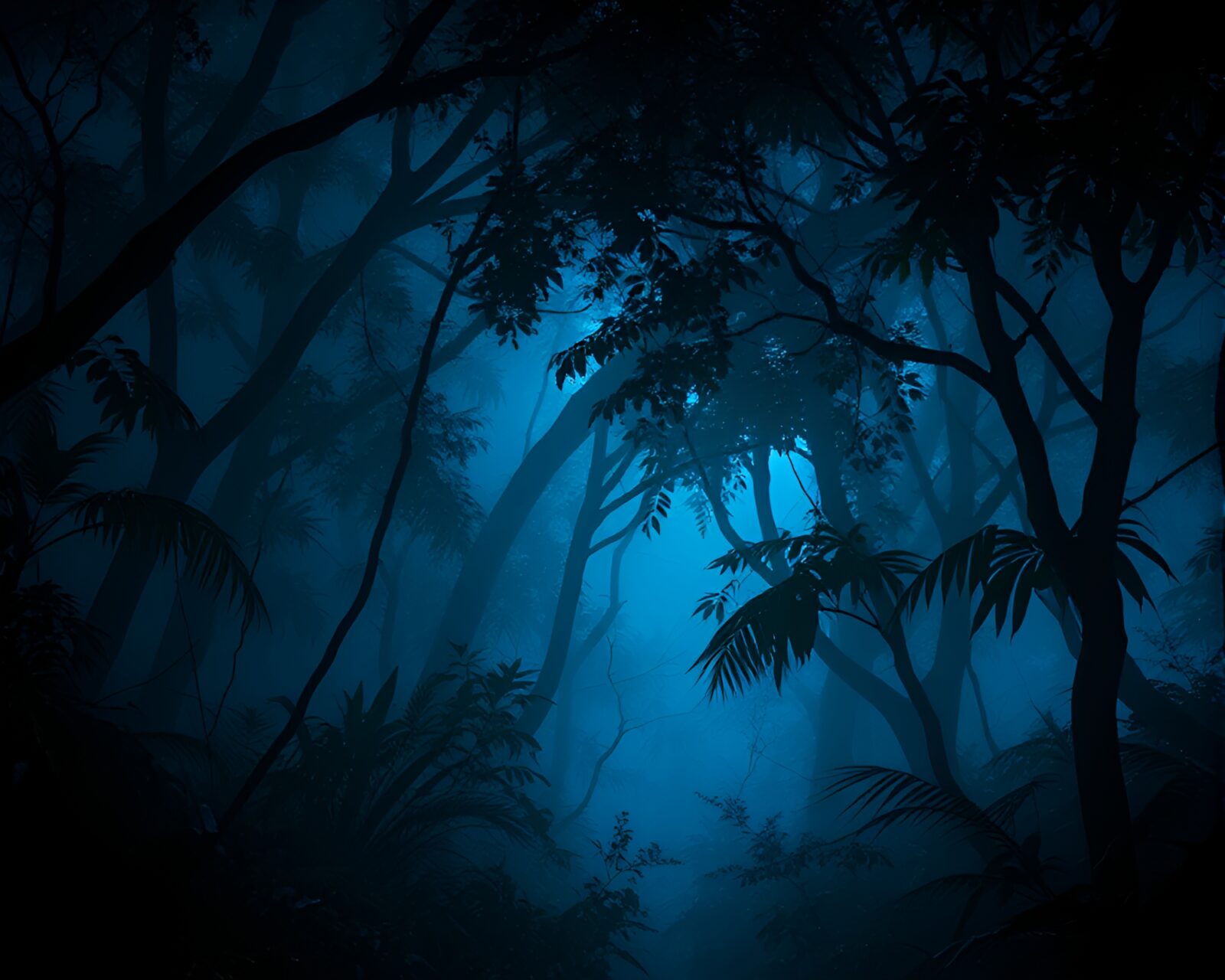 Eerie jungle scene with layers, eerie blue lighting