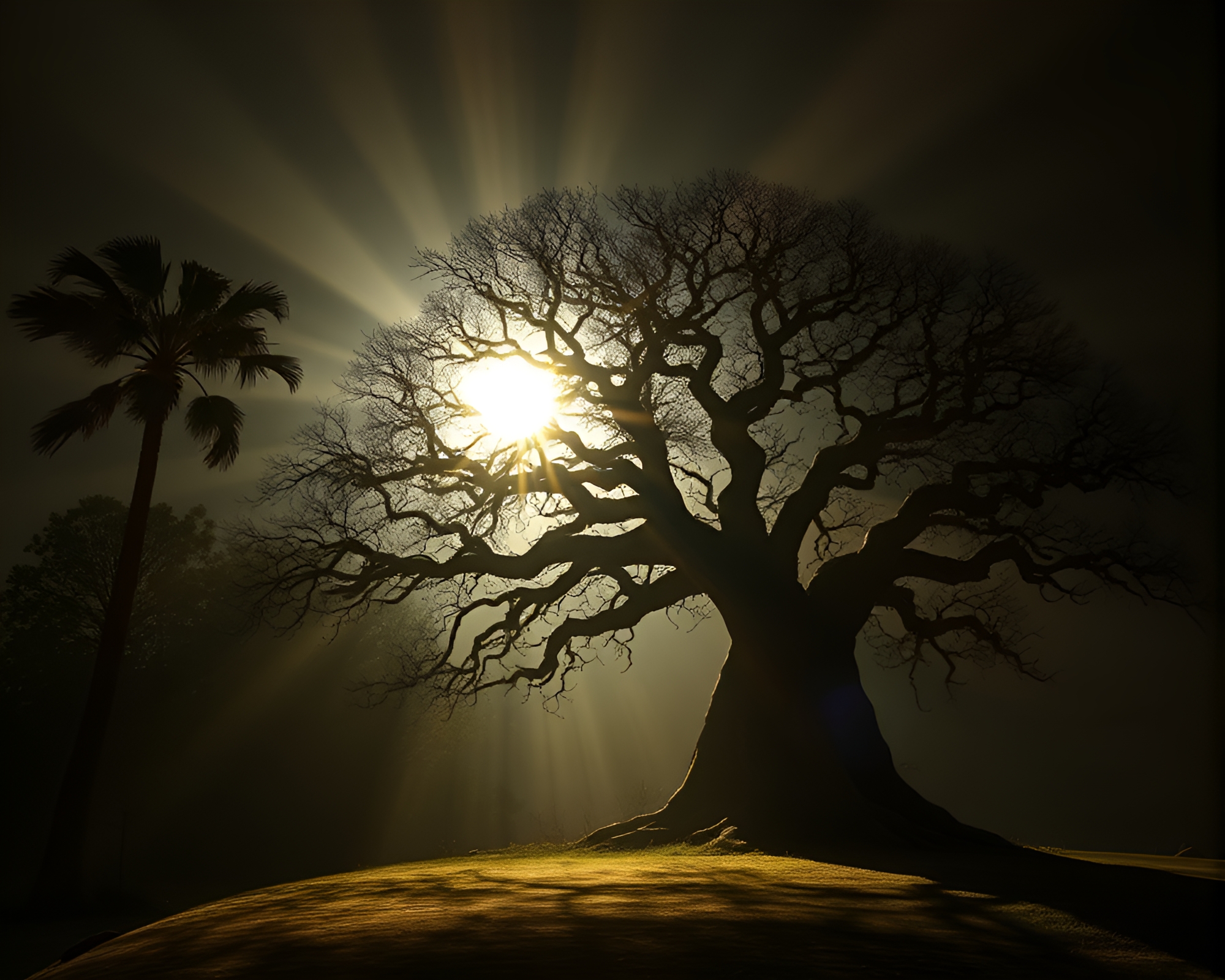 Ancient Tree Spotlighted by Dystopian Sun Glares – free AI stock image