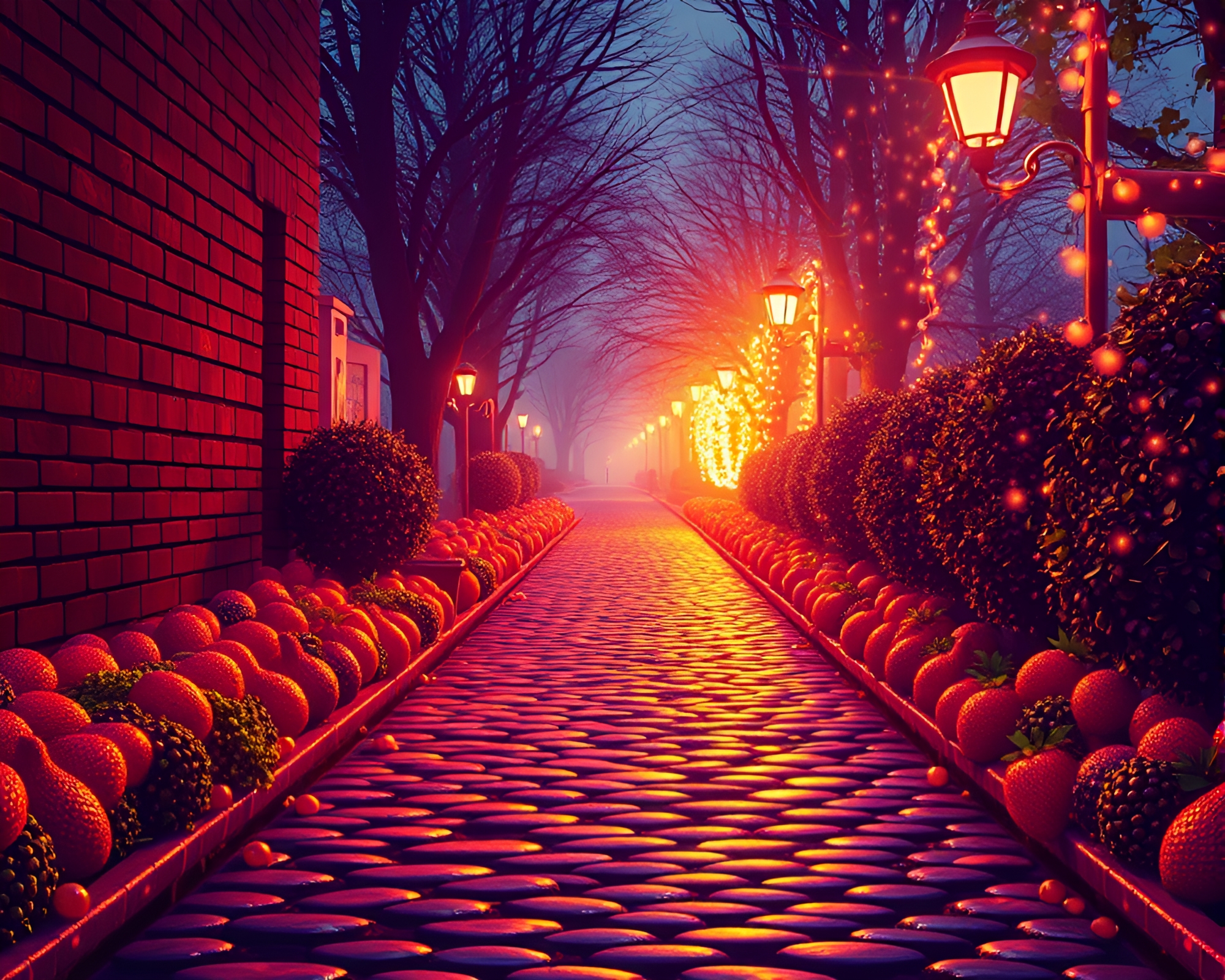 Neon Fruit Tart in Stained Glass Cobblestone Path – free AI stock image