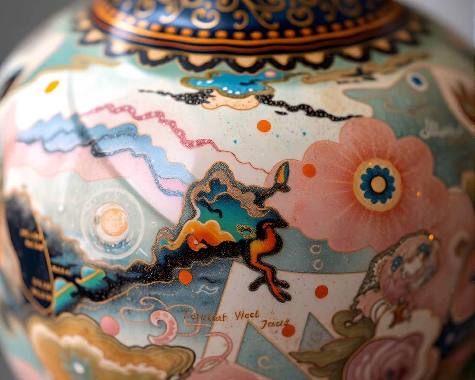 Glowing pastel cloisonné vase in intricate close-up details