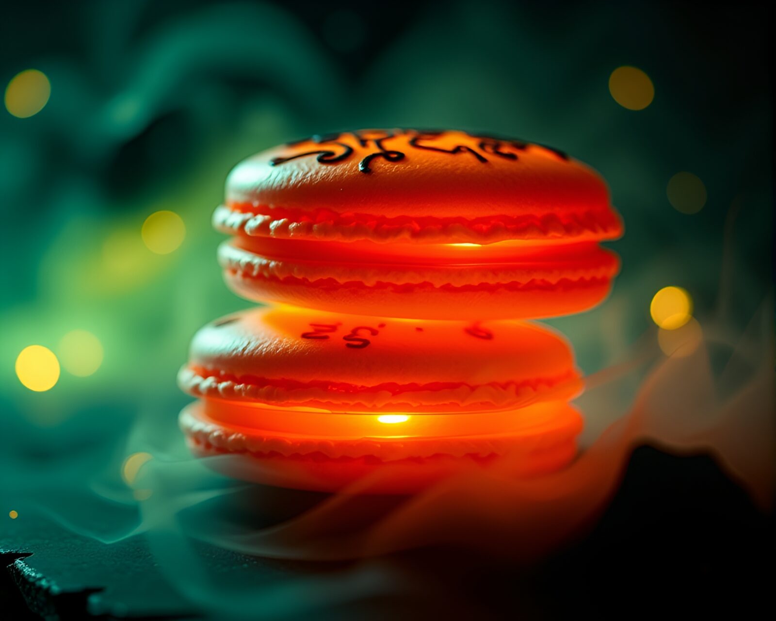 Silhouetted macarons with enchanting embroidery glowing in darkness