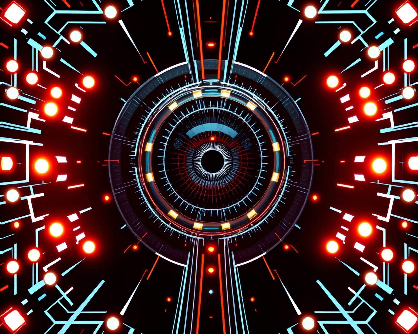 A theatrical lit scene with flat design cybernetic eyes