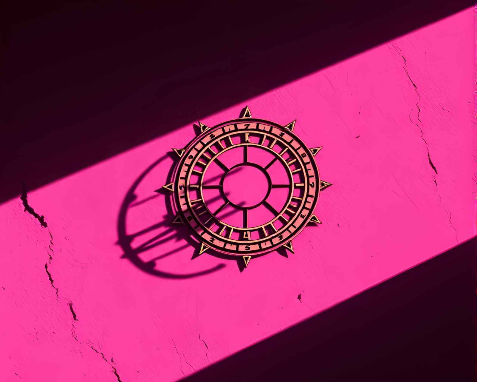 Metallic sheen sundial casting stencil shadows in synthwave style.