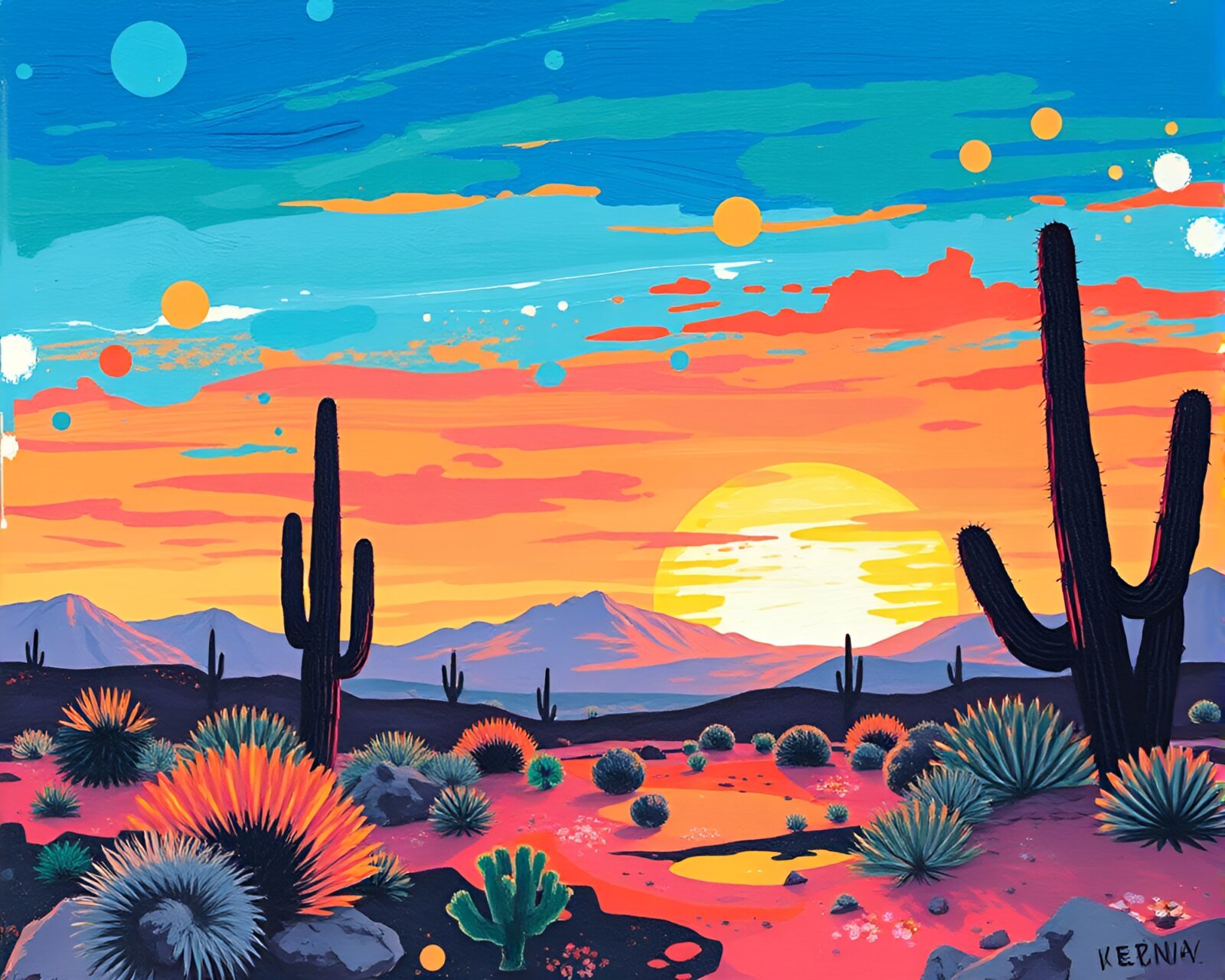 Soothing Zen garden with acrylic splatters in desert sunset hues